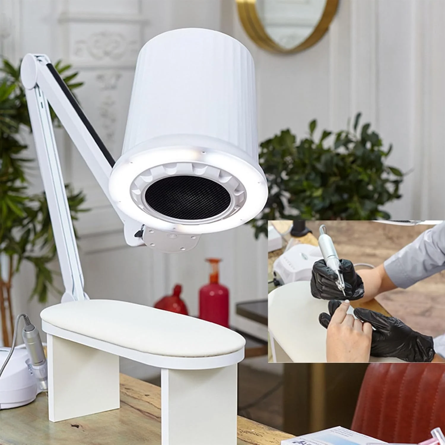 جداکننده گرد و غبار مانیکور سیکلون برای دستگاه پایین دستی، حالت لامپ LED 3 رنگ، 10 سرعت باد قابل تنظیم، برای انواع سالن های ناخن