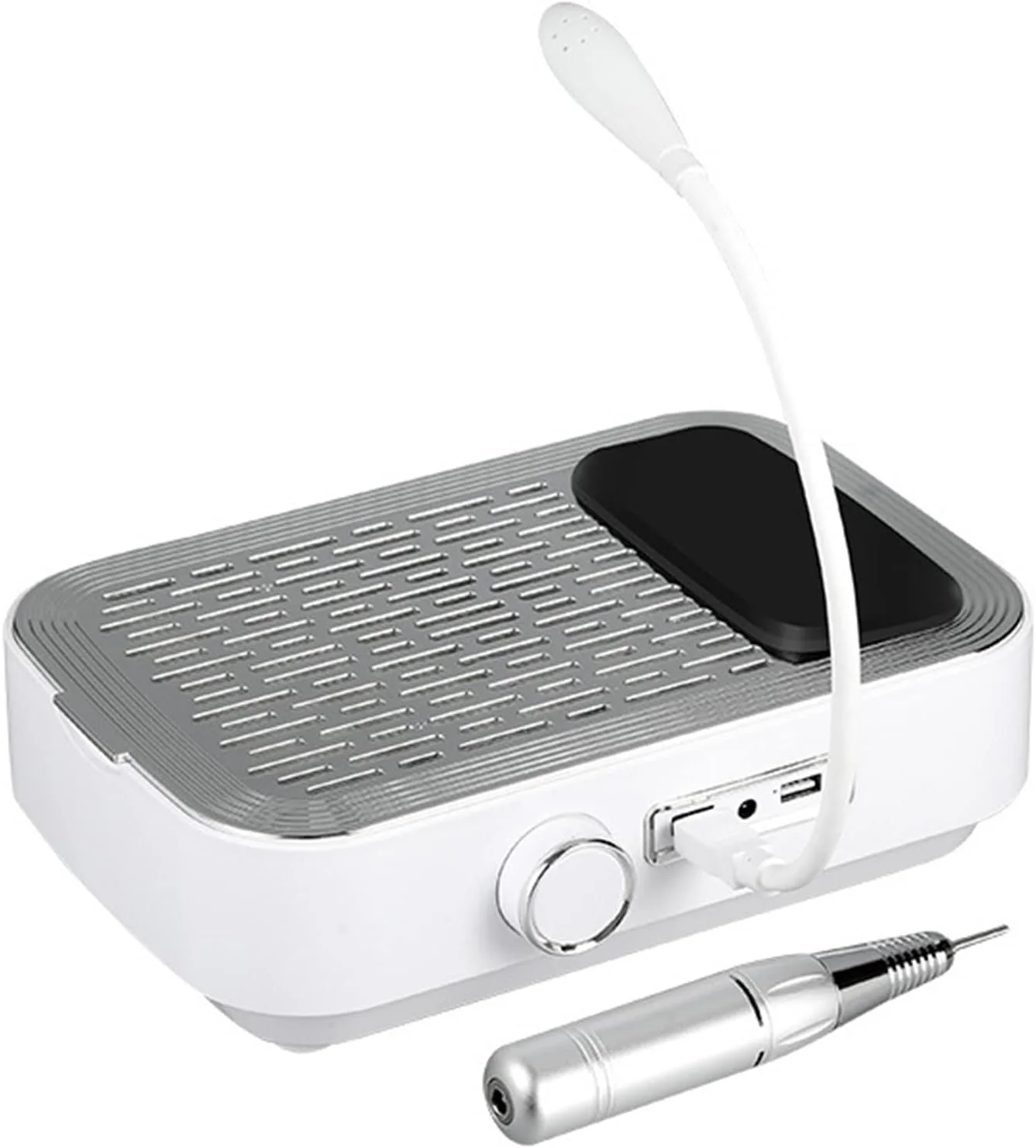 دستگاه جمع کننده گرد و غبار ناخن شارژی 2 در 1 با توان 80 وات، دریل ناخن به همراه چراغ، جاروبرقی قدرتمند ناخن، تجهیزات تمیز کننده سالن آرایش ناخن کاربردی، سفید