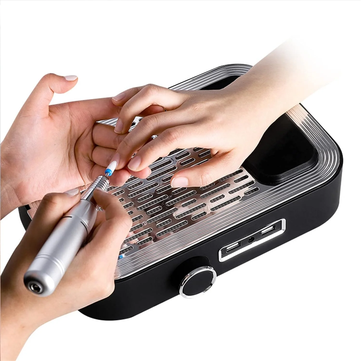 دستگاه جمع کننده گرد و غبار ناخن شارژی 2 در 1 با توان 80 وات، دریل ناخن به همراه چراغ، جاروبرقی قدرتمند ناخن، تجهیزات تمیز کننده سالن آرایش ناخن کاربردی، سفید