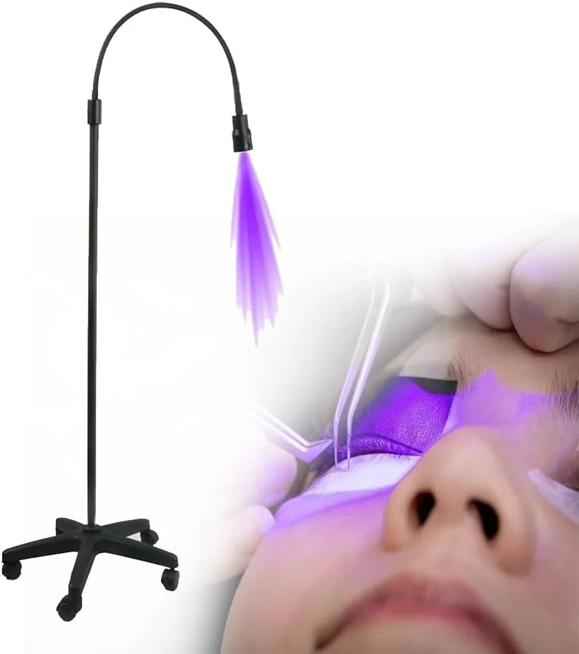 چراغ LED زیبایی با چسب UV، پایه صفحه آهنی و کنترل سوئیچ پایی - سر چراغ قابل تنظیم 360 درجه، نور بنفش 5 وات، چراغ خشک کننده اکستنشن مژه