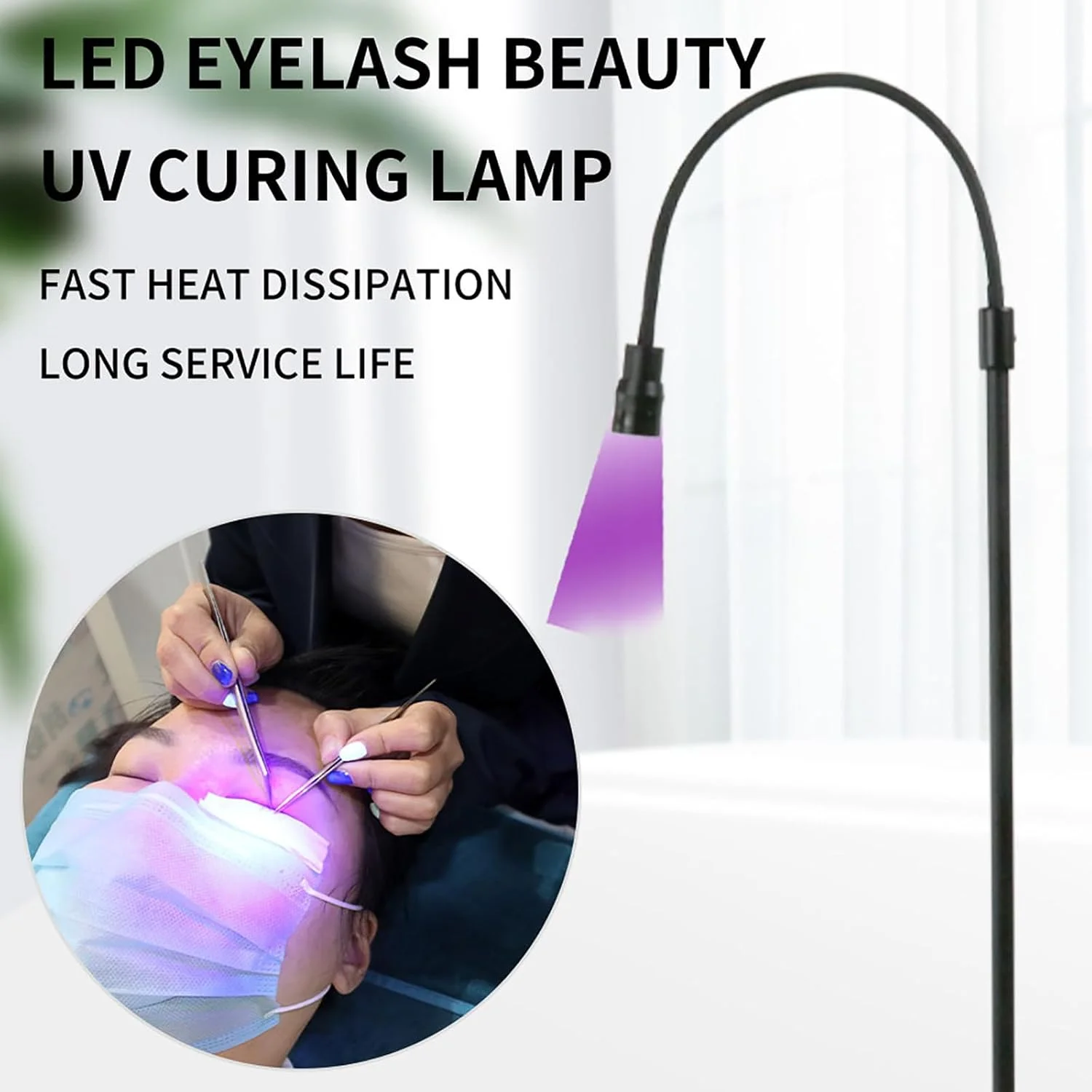 چراغ LED زیبایی با چسب UV، پایه صفحه آهنی و کنترل سوئیچ پایی - سر چراغ قابل تنظیم 360 درجه، نور بنفش 5 وات، چراغ خشک کننده اکستنشن مژه