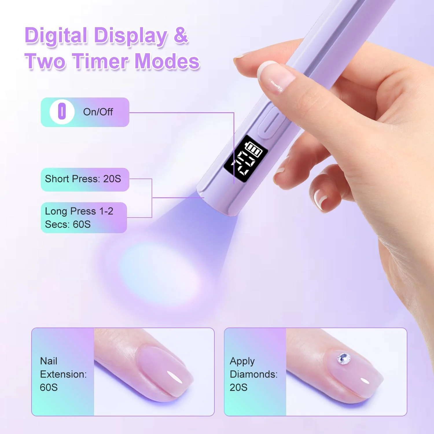 چراغ UV برای ناخن های ژلی، مینی چراغ LED UV دستی، خشک کن ناخن قابل حمل برای خشک کردن سریع، چراغ ناخن با 2 تایمر، صفحه نمایش LED، برس ناخن دو طرفه، ایده آل برای طراحی ناخن در خانه بنفش
