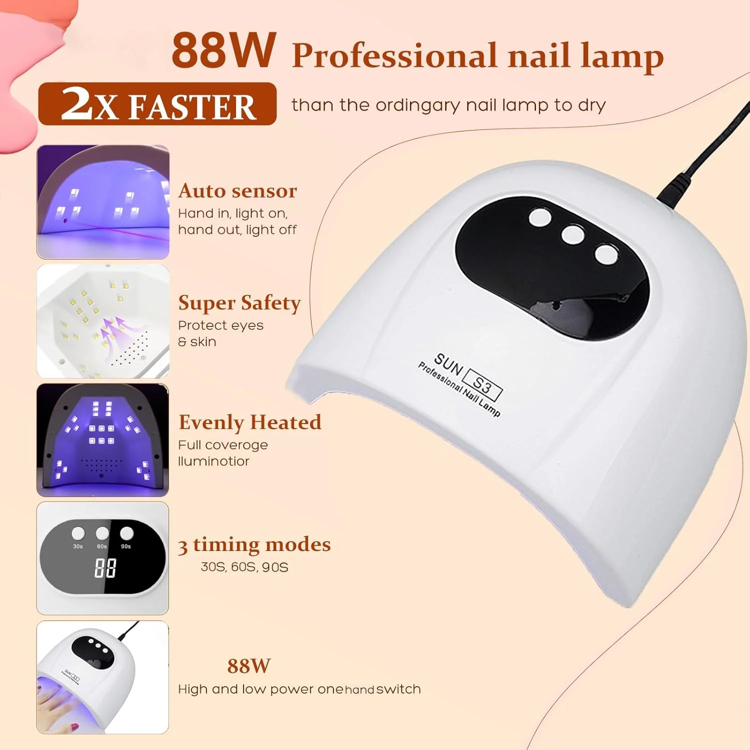 دستگاه خشک کن لاک ژل ناخن UV با توان 88 وات، دارای تایمرهای 30/60/90 ثانیه، سنسور هوشمند اتوماتیک و نمایشگر LED دیجیتال مناسب استفاده در منزل و سالن دستگاه خشک کن لاک ژل ناخن UV با توان 88 وات، دارای تایمرهای 30/60/90 ثانیه، سنسور هوشمند اتوماتیک و نمایشگر LED دیجیتال مناسب استفاده در منزل و سالن