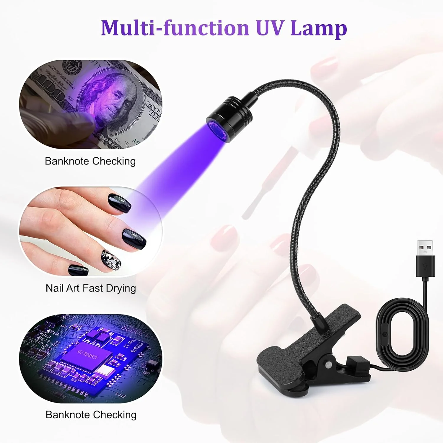 چراغ UV ناخن AiQInu، چراغ LED برای ناخن های ژلی، 3 وات، چرخشی با USB و گیره ایمنی، برای لاک ژل، سالن، DIY (مشکی)