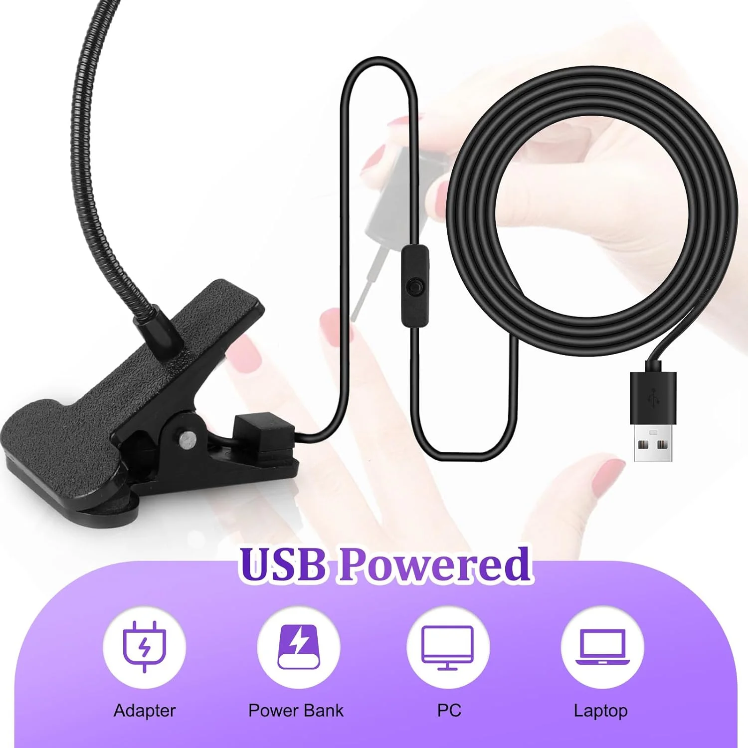 چراغ UV ناخن AiQInu، چراغ LED برای ناخن های ژلی، 3 وات، چرخشی با USB و گیره ایمنی، برای لاک ژل، سالن، DIY (مشکی)