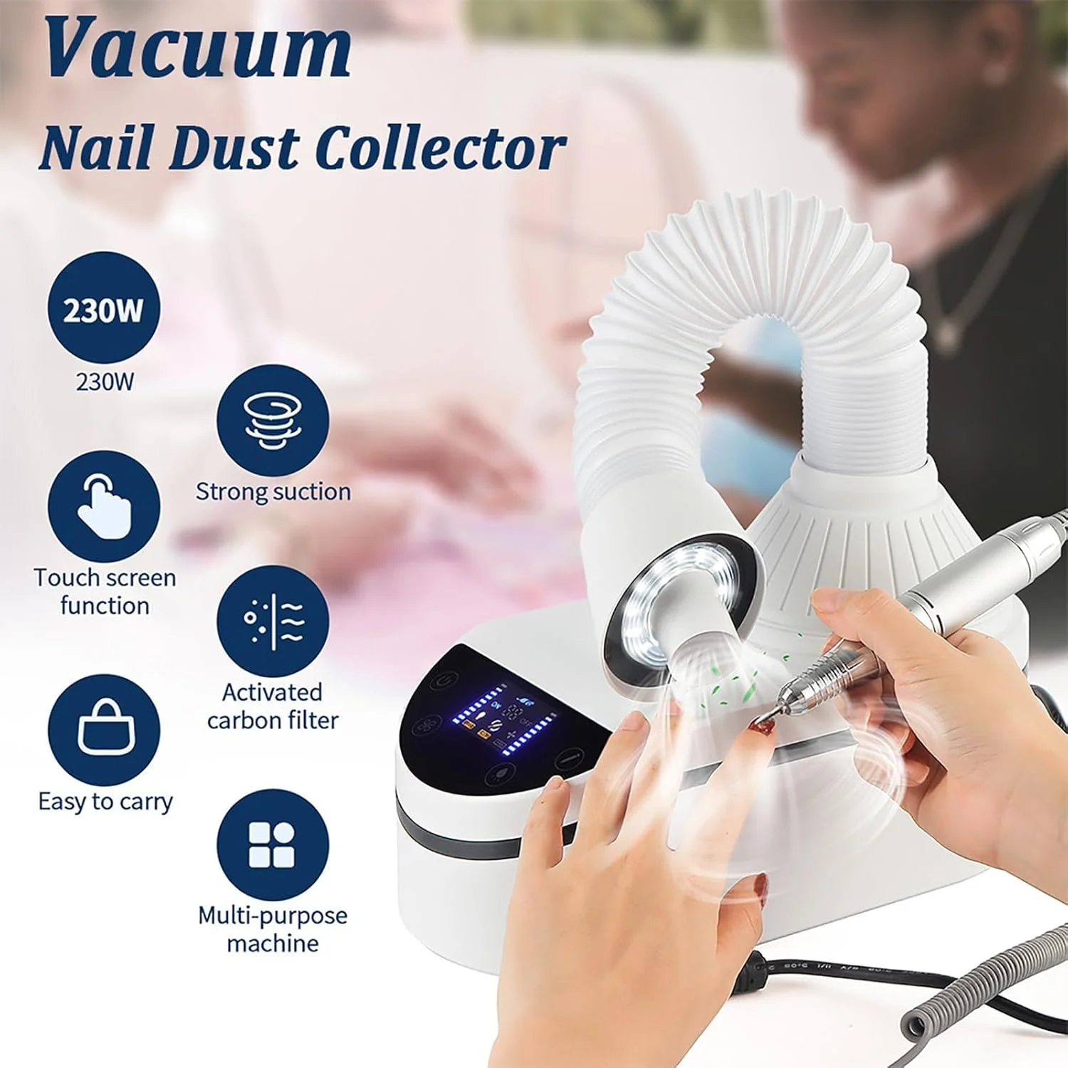 Nail Dust Collector, 230W Nail Vacuum Cleaner, with LED Spotlight, 360° Rotatable Vacuum Hose, Low Noise, for Acrylic Nails, Home Salon Nail