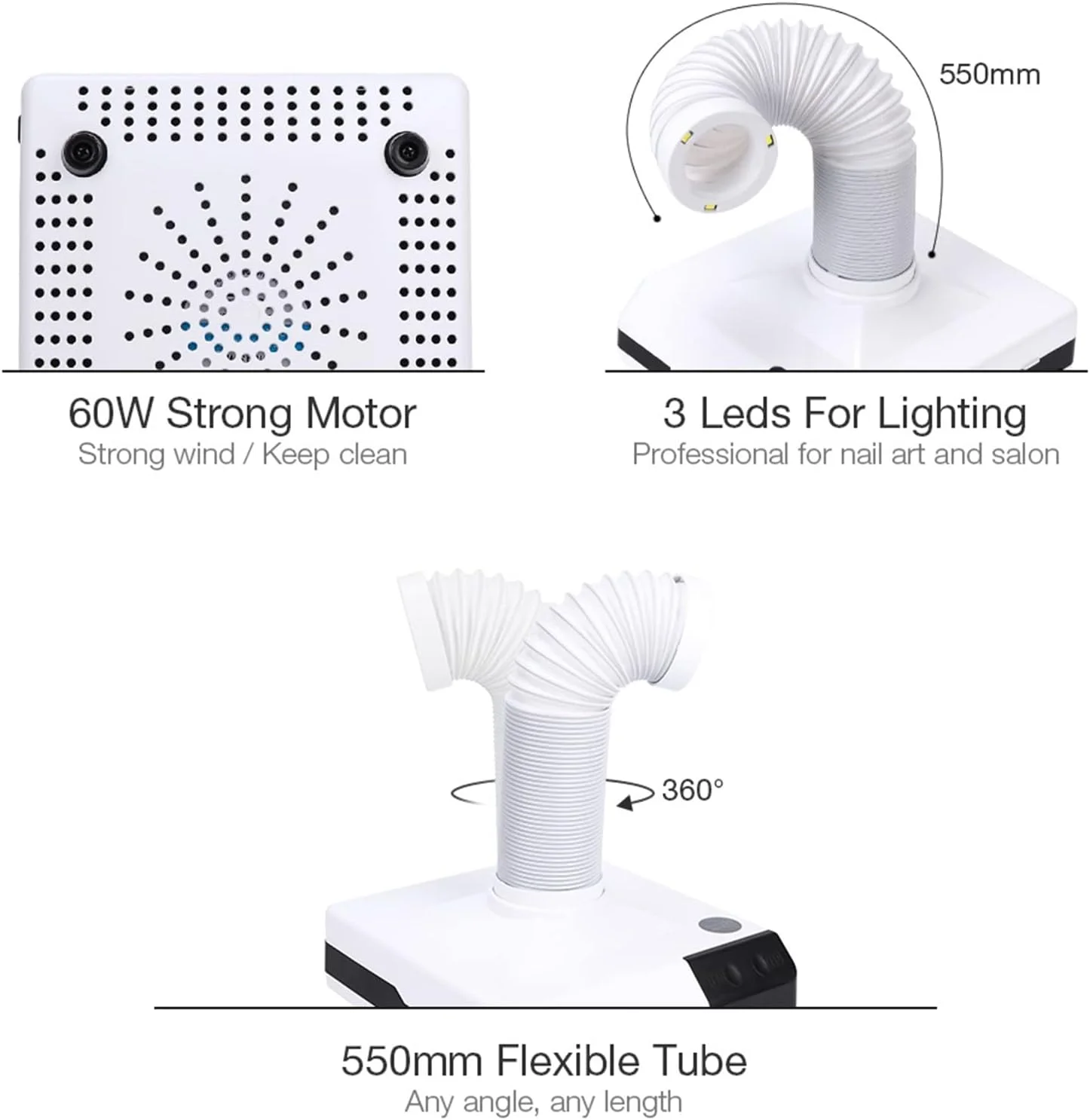 60W Portable Nail Dust Extractor, Nail Grinding Polishing Dust Suction Fan, with Retractable Suction Tube, Fan and LED, for Salon Nail Art Equipment