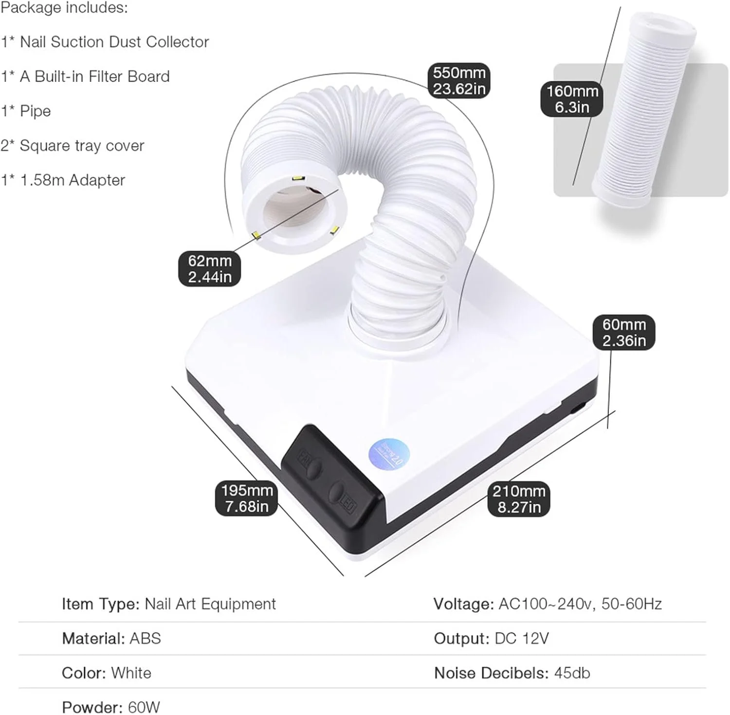 دستگاه مکنده گرد و غبار ناخن قابل حمل 60 وات، فن مکش گرد و غبار پولیش ناخن، با لوله مکش جمع شونده، فن و LED، برای تجهیزات هنر ناخن سالن دستگاه مکنده گرد و غبار ناخن قابل حمل 60 وات، فن مکش گرد و غبار پولیش ناخن، با لوله مکش جمع شونده، فن و LED، برای تجهیزات هنر ناخن سالن