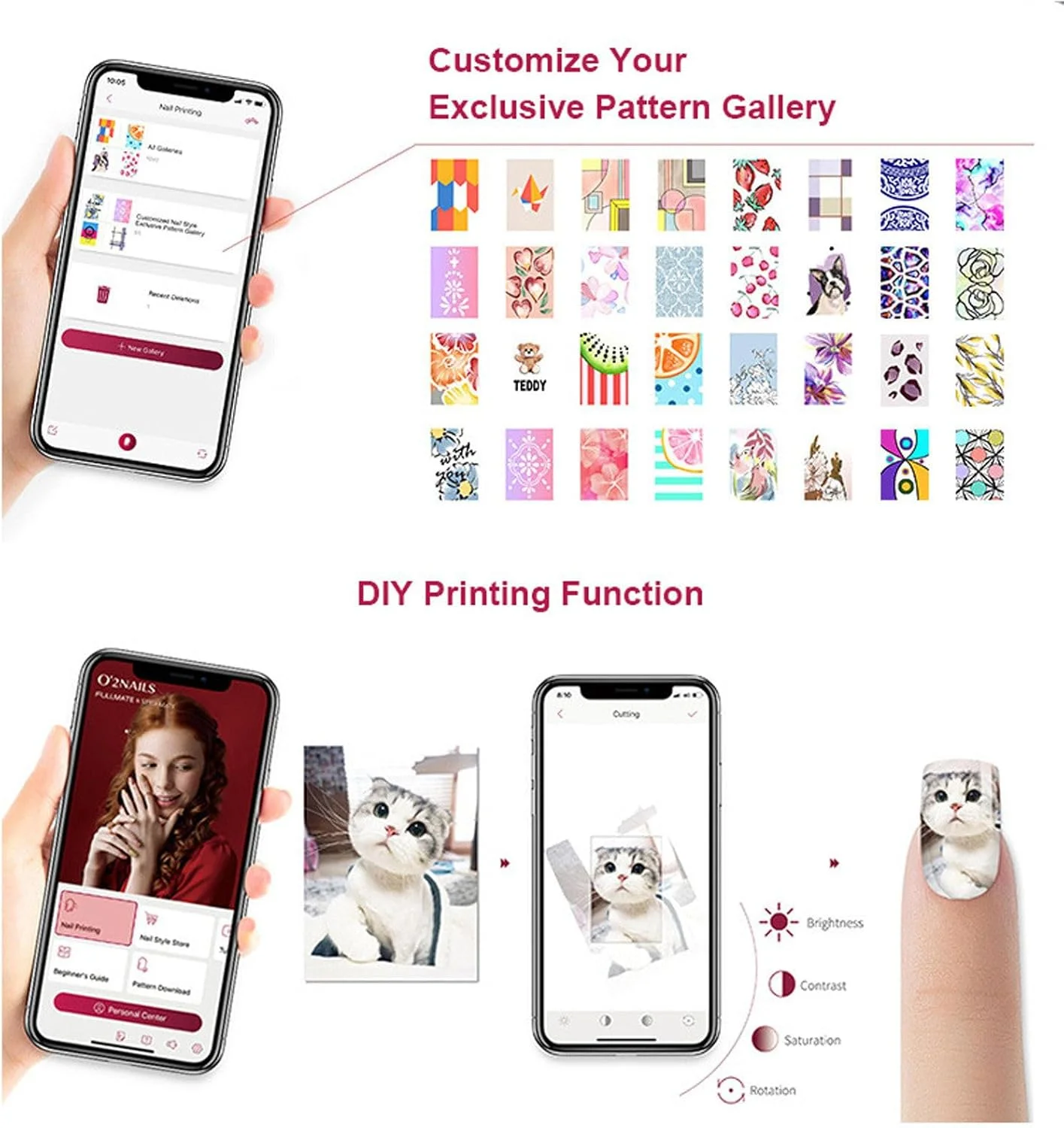 دستگاه چاپ ناخن دیجیتال موبایل با کارتریج جوهر/چسب | دستگاه خودکار چاپ سه بعدی ناخن - کنترل با تلفن هوشمند/وای فای بی سیم، شامل ژل و لاک ناخن، بیش از 800 طرح، سفید
