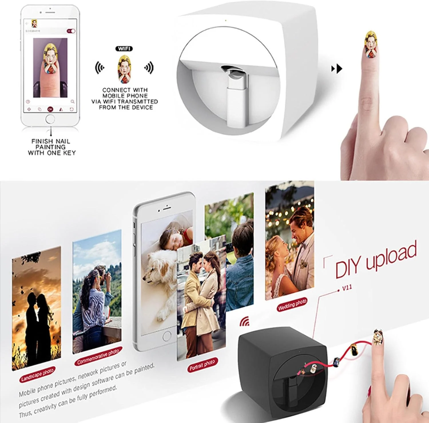 دستگاه چاپ ناخن دیجیتال موبایل با کارتریج جوهر/چسب | دستگاه خودکار چاپ سه بعدی ناخن - کنترل با تلفن هوشمند/وای فای بی سیم، شامل ژل و لاک ناخن، بیش از 800 طرح، سفید