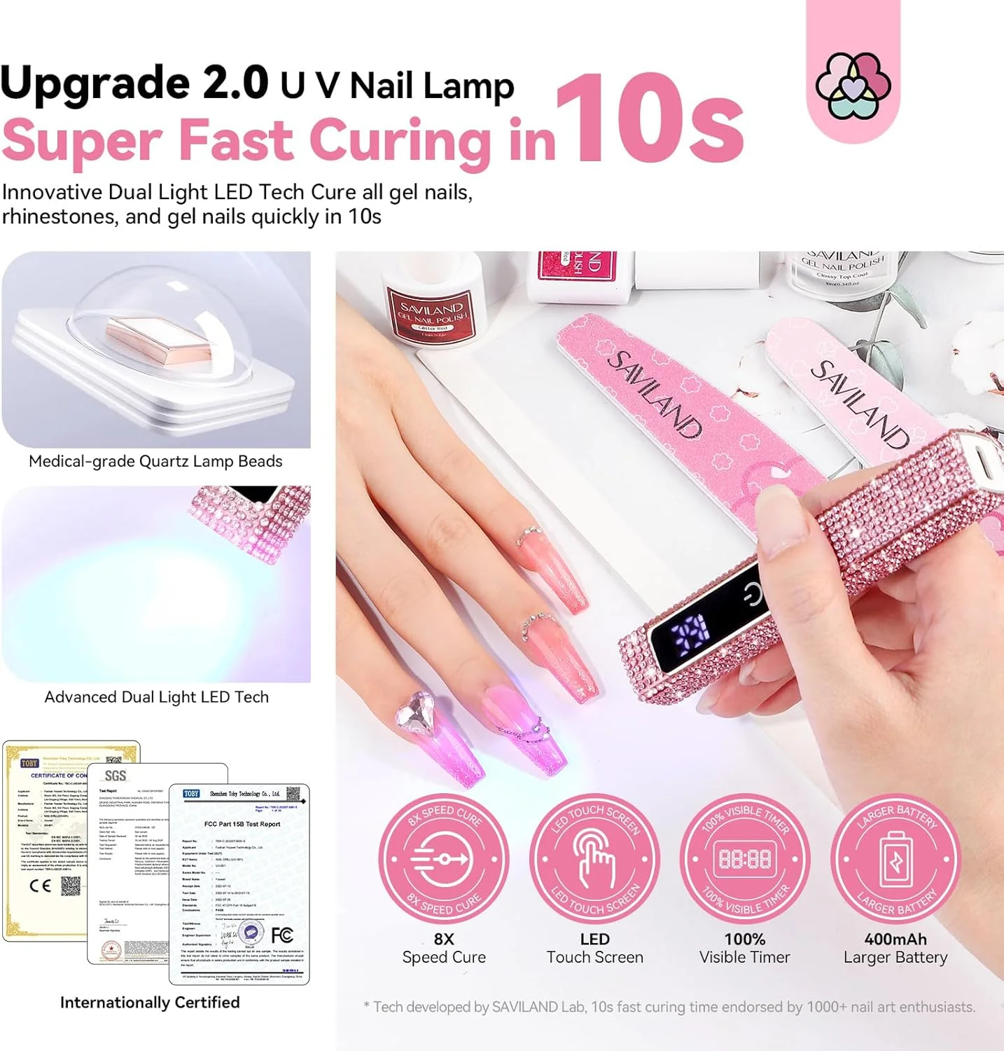 دستگاه یو وی لاک ناخن اکلیلی ساویلند: لامپ ال ای دی دستی صورتی 12 وات با صفحه نمایش ال سی دی، خشک کن ناخن بی سیم مینی برای استفاده در سالن منزل