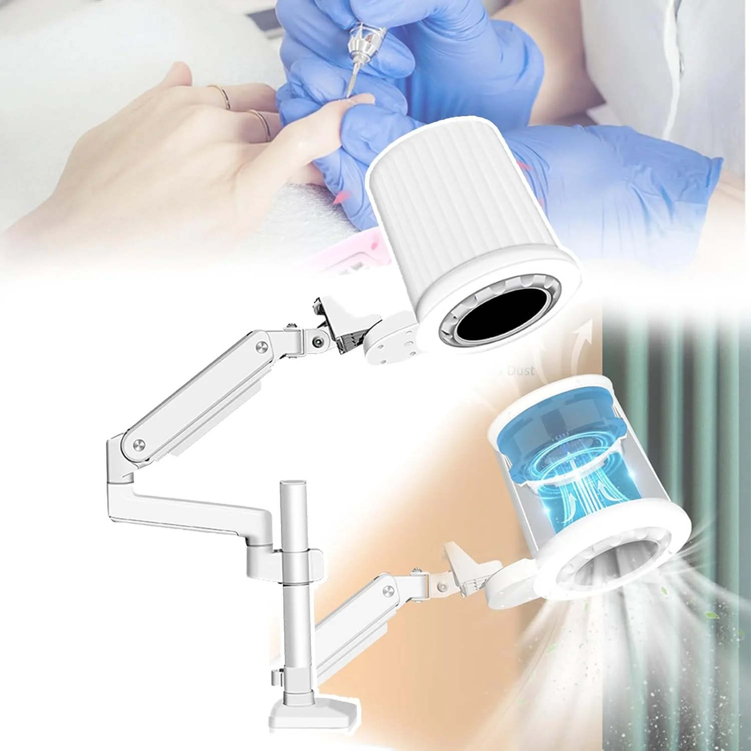 دستگاه جمع کننده گرد و غبار ناخن 55 وات، سرعت فن: 4500 دور در دقیقه، پایه چرخان 360 درجه، تنظیم 10 سرعته، 5 نوع روشنایی نور، برای استخراج گرد و غبار ناخن، برای استفاده شخصی/حرفه ای، سفید