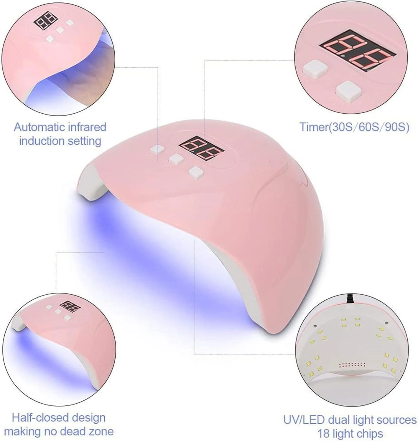 دستگاه خشک کن لاک ناخن UV/LED دو کاره Brunson - 48 وات، خشک کردن بدون درد، سنسور خودکار، منبع نور دوگانه، 24 LED، عملکرد طولانی مدت، تایمر دیجیتال - SUN5 (صورتی)