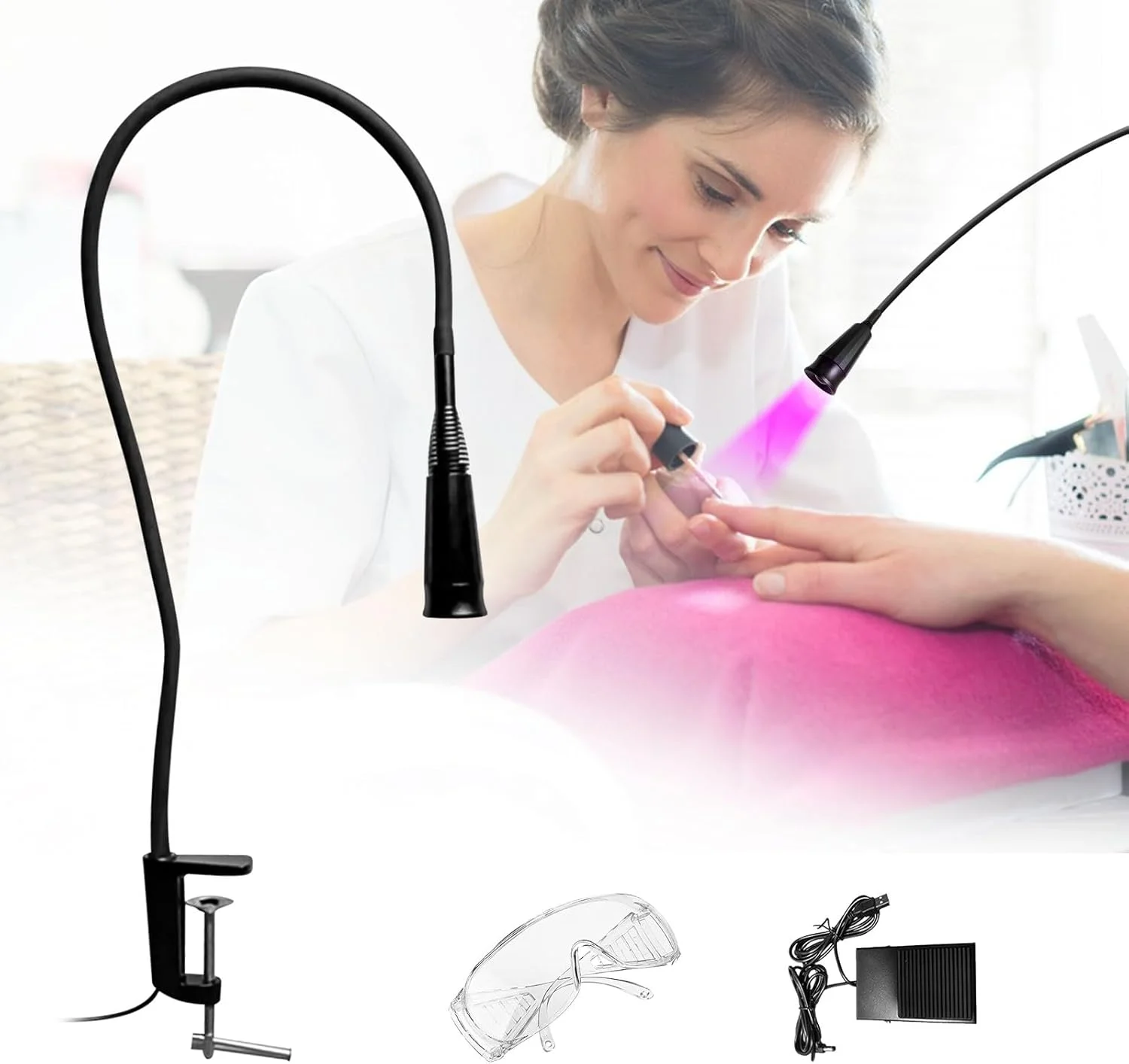 چراغ مژه UV ال ای دی 10 واتی برای خشک کردن سریع مژه، سایز نقطه قابل تنظیم با عینک ایمنی و پدال پا، مشکی