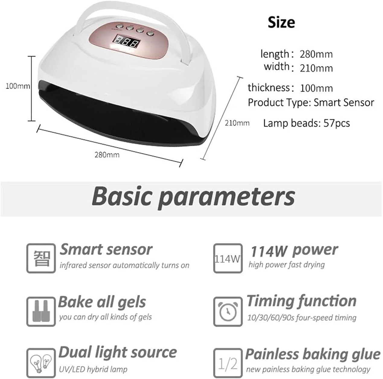 دستگاه خشک کن لاک ناخن LED با صفحه نمایش LCD و حسگر لمسی 114W/150W/80W UV LED مناسب برای انواع لاک ژل (بنفش)