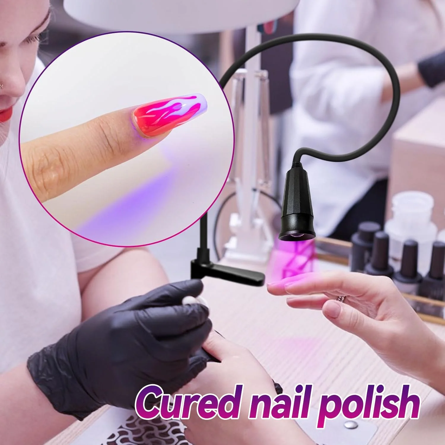 چراغ مژه UV ال ای دی 10 واتی برای خشک کردن سریع مژه، سایز نقطه قابل تنظیم با عینک ایمنی و پدال پا، مشکی