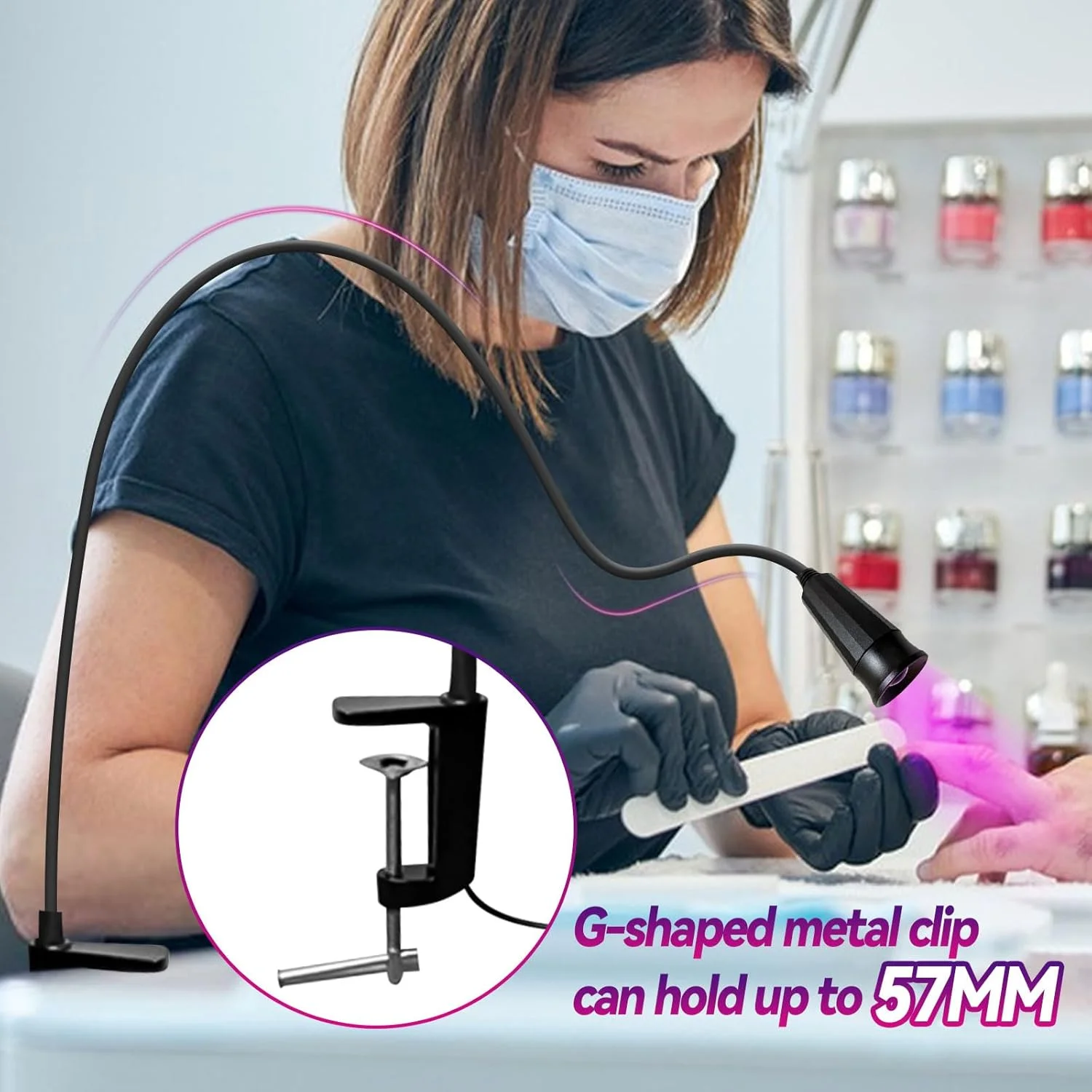 چراغ مژه UV ال ای دی 10 واتی برای خشک کردن سریع مژه، سایز نقطه قابل تنظیم با عینک ایمنی و پدال پا، مشکی