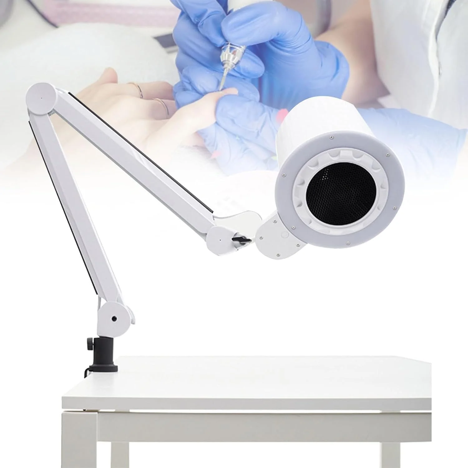 دستگاه جمع کننده گرد و غبار ناخن، مناسب سالن های آرایشی، با لامپ LED سه رنگ، قابل تنظیم چند زاویه ای 90 درجه، دارای فیلتر صنعتی، مناسب برای هر نوع پولیش ناخن