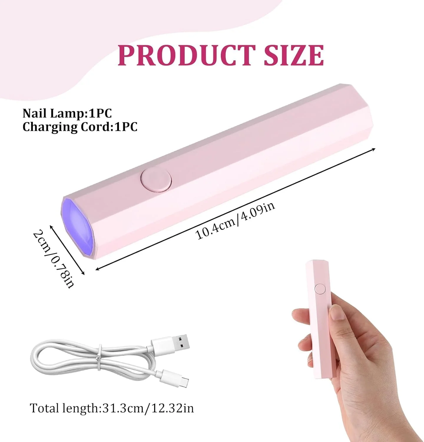 لامپ UV برای ناخن های ژلی، خشک کن ناخن دستی، قابل شارژ، نوع نواری، مینی لامپ UV ناخن، لامپ LED قابل حمل ناخن - خشک کردن سریع برای لاک های ژلی و نوارهای ژل ناخن (صورتی)