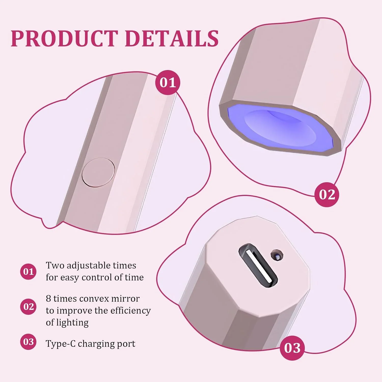 لامپ UV برای ناخن های ژلی، خشک کن ناخن دستی، قابل شارژ، نوع نواری، مینی لامپ UV ناخن، لامپ LED قابل حمل ناخن - خشک کردن سریع برای لاک های ژلی و نوارهای ژل ناخن (صورتی)