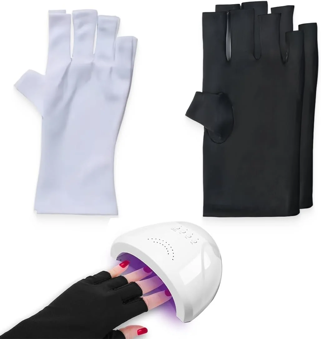 دو جفت دستکش محافظ ناخن برای دستگاه لاک ژل، ضد اشعه ماوراء بنفش، محافظت UPF50+، برای مانیکور، خشک کن، مراقبت از پوست ناخن، بدون انگشت، برای منزل، فضای باز