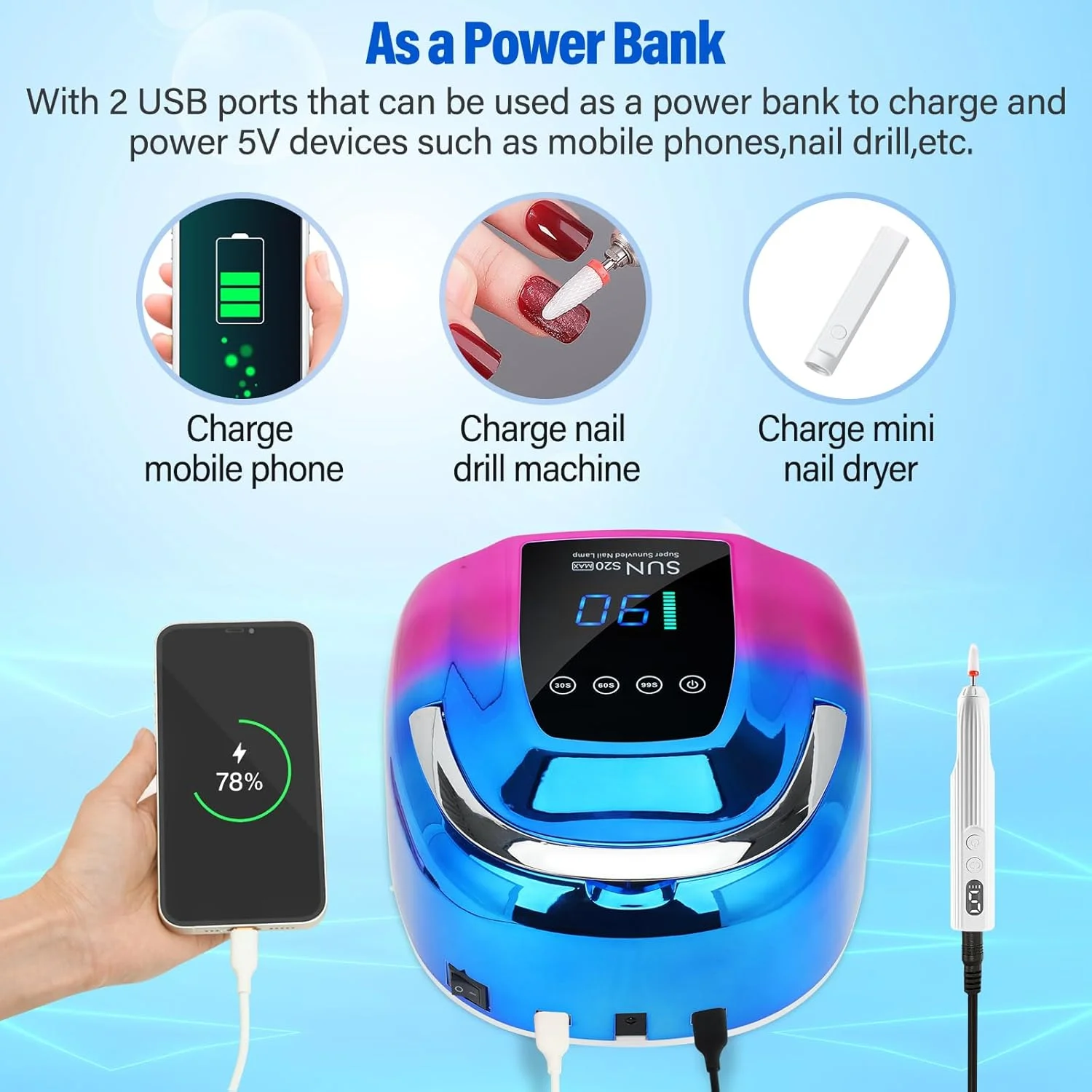 دستگاه خشک کن لاک ناخن یو وی ال ای دی 128 وات، قابل حمل، شارژی، چراغ یو وی برای لاک ژل، خشک کننده سریع بی سیم لاک ژل با سنسور هوشمند، 3 تایمر، 48 ال ای دی، ابزار خشک کردن ناخن مناسب سالن و منزل