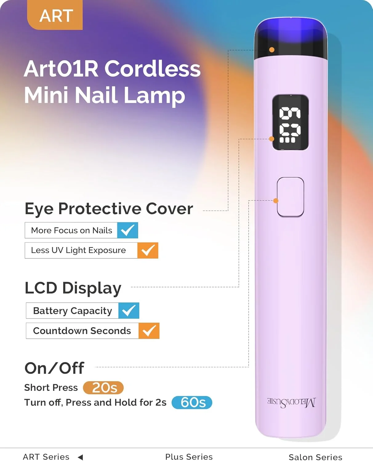 چراغ UV دستی Melodysusie برای ناخن های ژلی، مدل ART01R، چراغ ناخن ژلی بی سیم قابل شارژ با صفحه نمایش LCD، پوشش محافظ چشم، خشک کن سریع ناخن برای چسباندن نگین و تزئینات، مناسب برای استفاده خانگی - بنفش