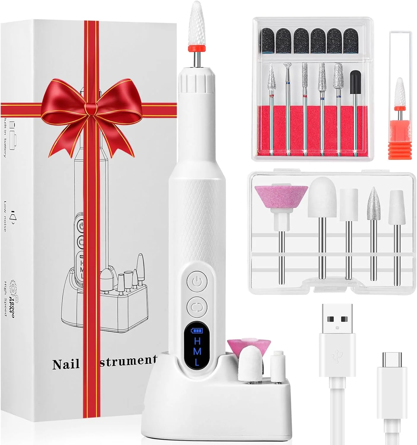 ست مانیکور برقی دیبونیور 12 در 1 با نمایشگر LED، سوهان برقی ناخن USB قابل شارژ 18000 دور در دقیقه، سوهان برقی ناخن با 3 سطح سرعت قابل تنظیم