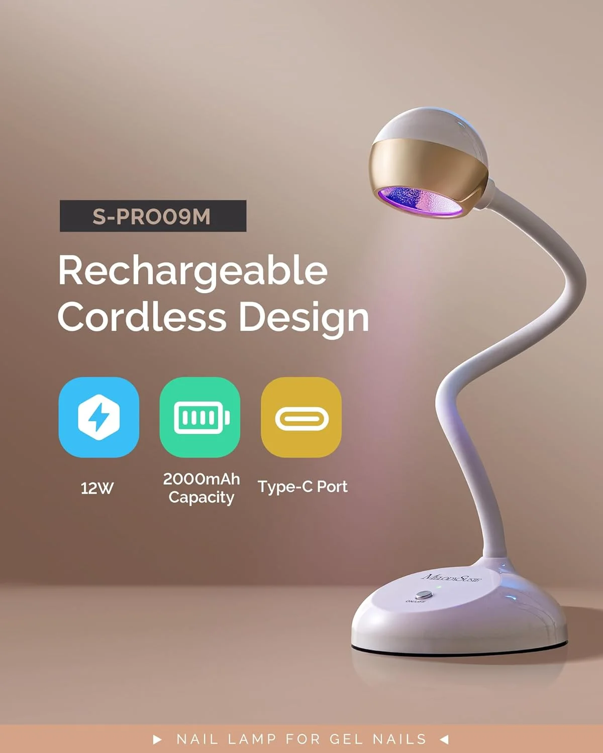 چراغ ژل 2 در 1 MelodySusie مدل Pro09M، چراغ UV گردن غازی بی سیم برای ناخن های ژلی، چراغ LED قابل شارژ برای لاک ژل، چراغ فلاش کیور با سوئیچ لمسی برای طراحی ناخن، مناسب برای استفاده در منزل و سالن، طلایی
