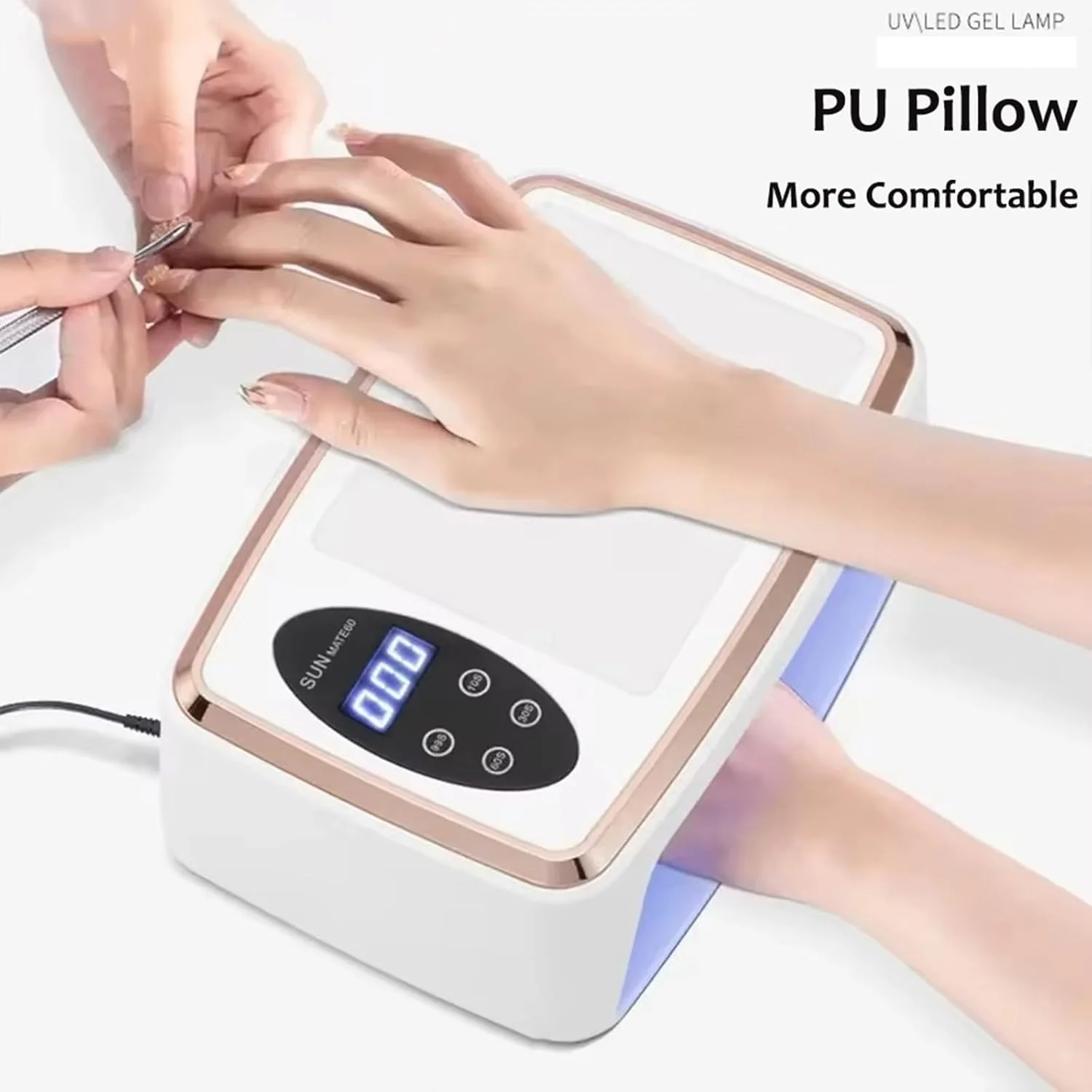 دستگاه خشک کن لاک ناخن UV LED، دارای بالشتک دست، خشک کن حرفه ای ناخن 380 وات با صفحه نمایش LED، 4 تایمر و سنسور خودکار، 90 لامپ LED، پایه جداشدنی، دستگاه لایت کیور لاک ژل