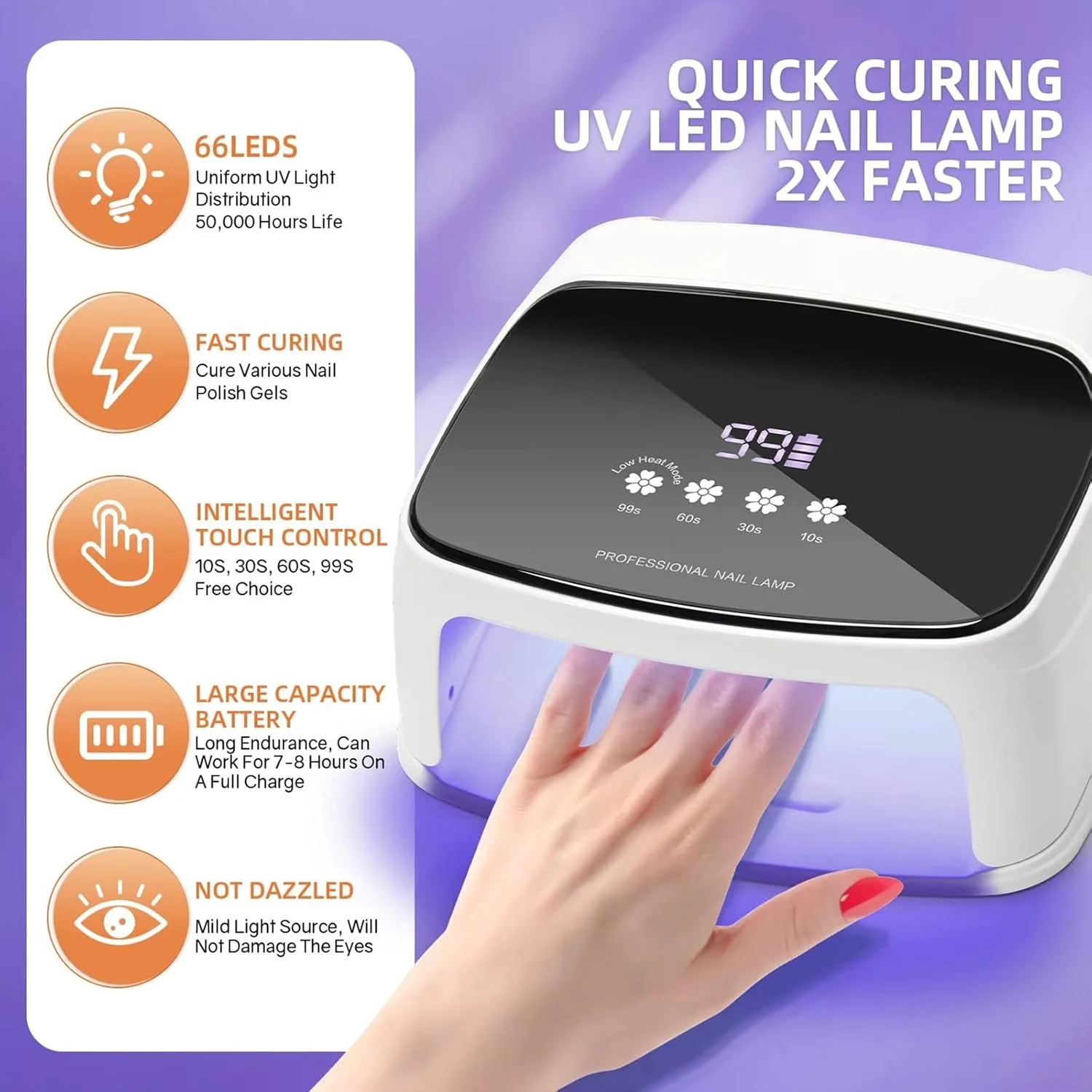 دستگاه خشک کن لاک ناخن UV، 288 وات، حرفه ای، دارای 66 لامپ LED، خشک کن لاک ژل با صفحه نمایش HD، 4 تایمر و سنسور خودکار، مناسب برای خشک کردن سریع لاک ژل