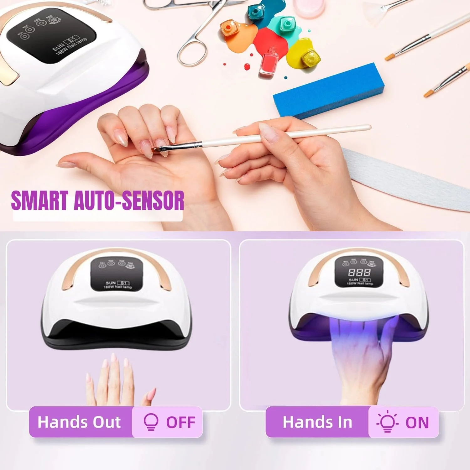 دستگاه خشک کن لاک ناخن، لامپ ناخن LED یو وی 168 وات، دارای سنسور و 4 تنظیمات تایمر، مناسب برای خشک کردن لاک ناخن در خانه و سالن
