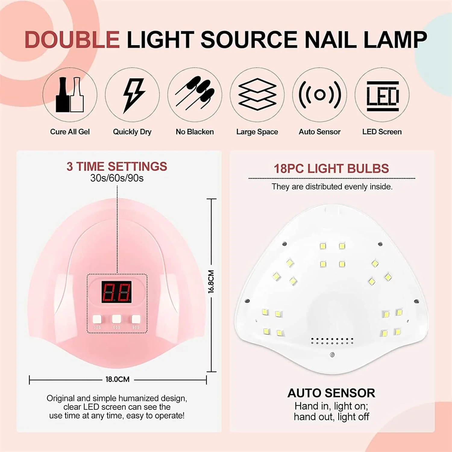 دستگاه خشک کن لاک ناخن LED بولیوی، 54 وات، خشک کننده سریع، دستگاه خشک کننده حرفه ای لاک ژل با صفحه نمایش LCD و 3 تنظیم تایمر برای ناخن های ژلی، مناسب استفاده خانگی و سالن