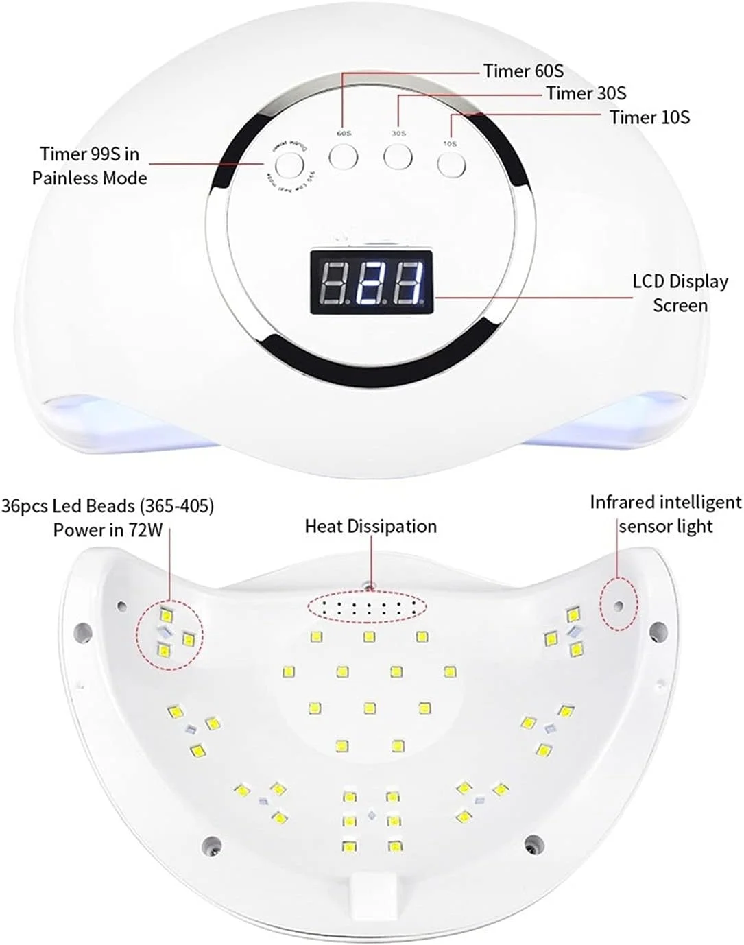 دستگاه خشک کن لاک ناخن 72 وات UV LED با تایمر و صفحه نمایش LCD