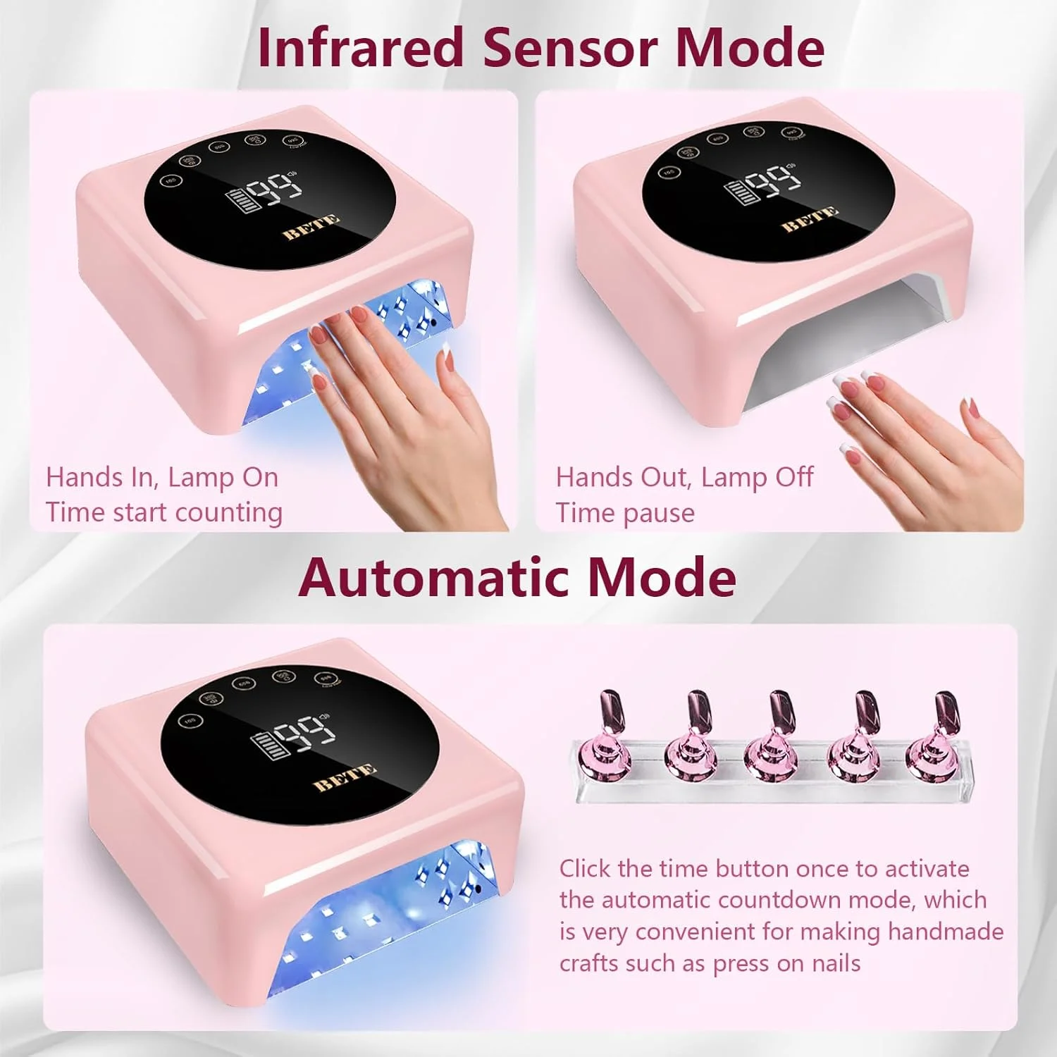 چراغ ال ای دی ناخن بی سیم BETE، چراغ یو وی 78 واتی قابل شارژ، دارای سنسور مادون قرمز هوشمند و صفحه نمایش ال سی دی، خشک کن ناخن قابل حمل با 5 تنظیم تایمر - صورتی