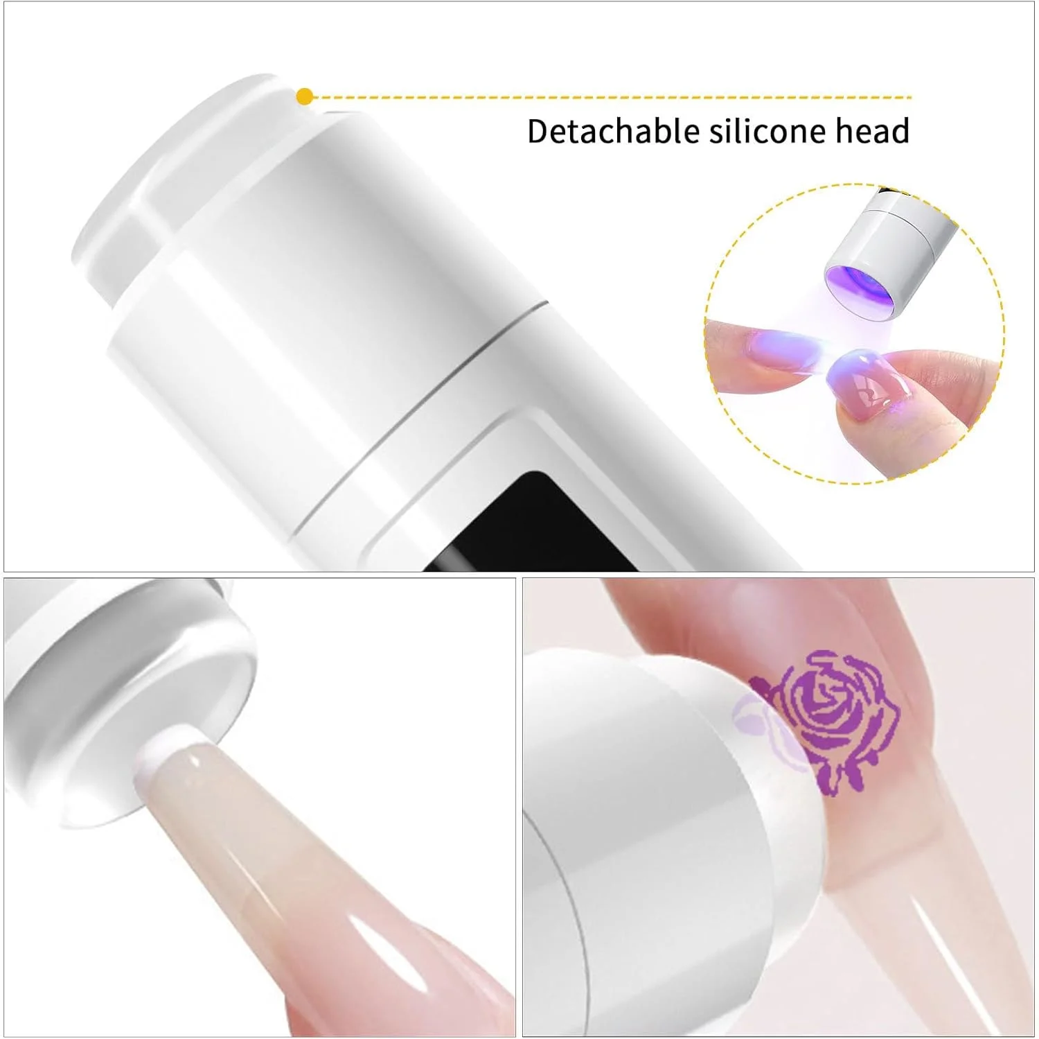 چراغ UV دستی با سر مهر ناخن، لامپ LED قابل حمل 3 وات، خشک کن ناخن USB بی سیم قابل شارژ با مهر سیلیکونی، صفحه نمایش LCD برای خشک کردن سریع مانیکور خانگی سفید