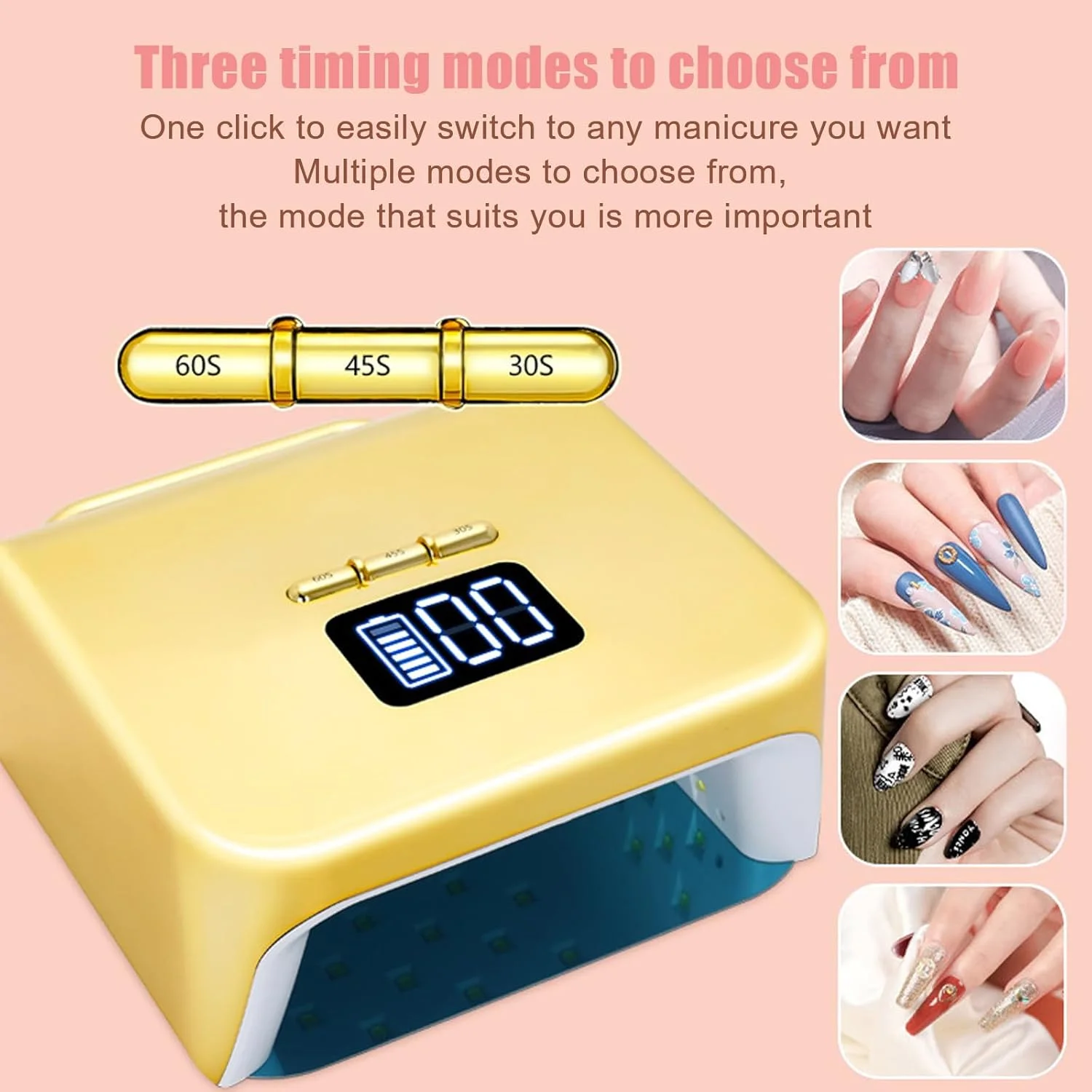 دستگاه خشک کن لاک ناخن LED، دستگاه قابل شارژ، 48 لامپ LED، باتری با ظرفیت بالا، 3 دکمه انتخاب تایمر، سنسور خودکار، پایه جداشدنی و فضای بزرگ، مناسب برای ابزارهای طراحی ناخن در سالن و منزل