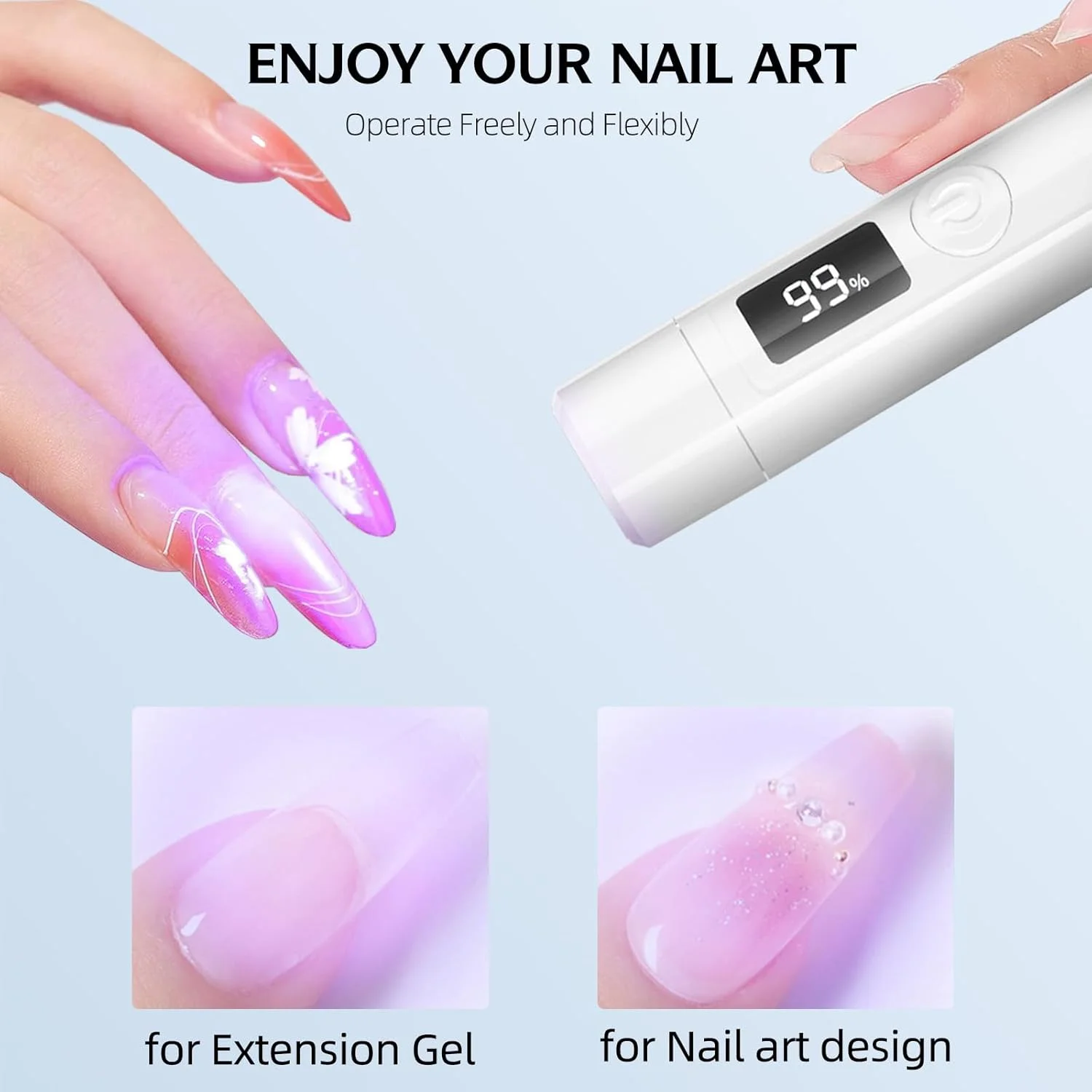 چراغ UV دستی با سر مهر ناخن، لامپ LED قابل حمل 3 وات، خشک کن ناخن USB بی سیم قابل شارژ با مهر سیلیکونی، صفحه نمایش LCD برای خشک کردن سریع مانیکور خانگی سفید