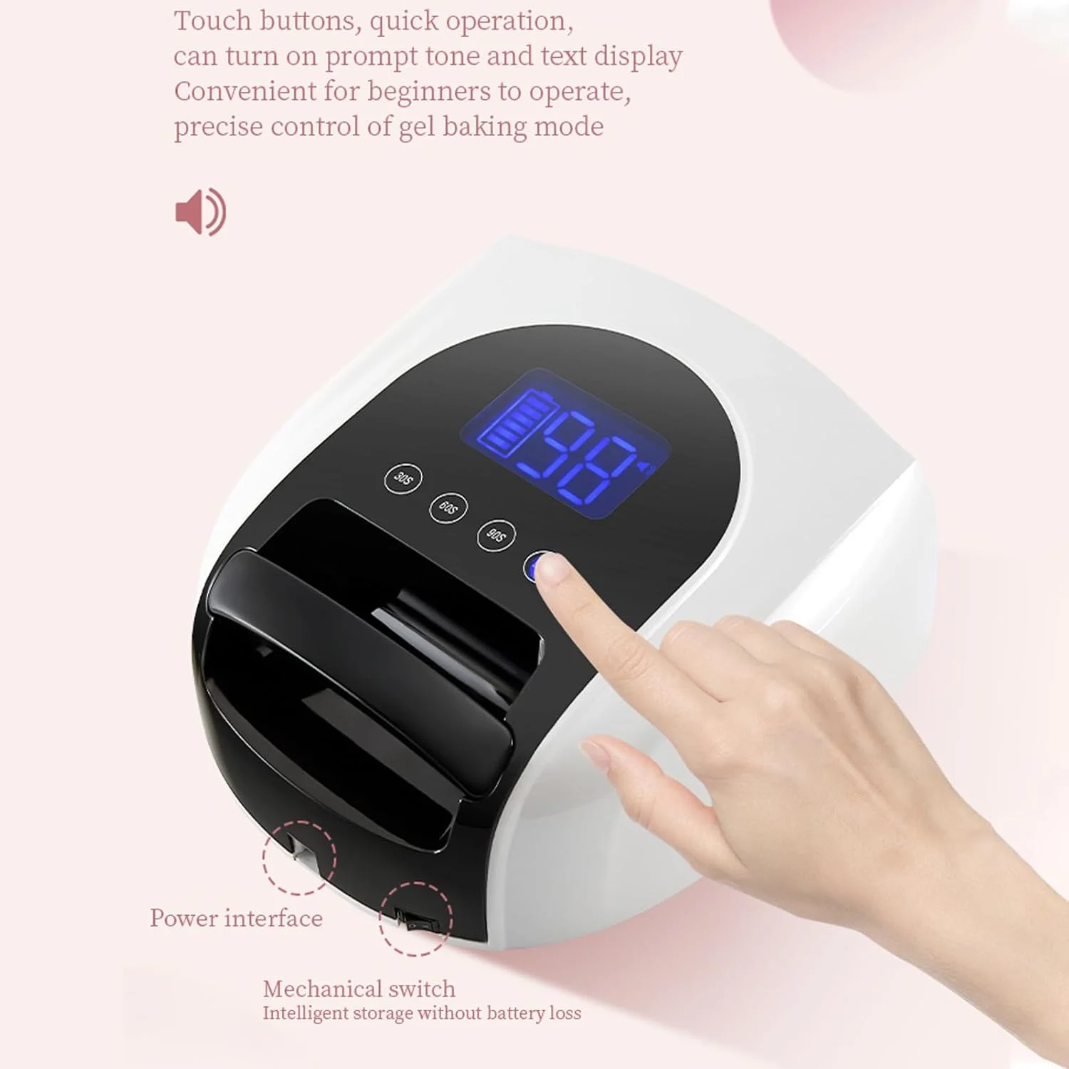 چراغ LED ناخن، 96 وات، 42 لامپ LED، باتری با ظرفیت بالا 19200 میلی آمپر ساعت، 4 تنظیم تایمر و صفحه نمایش LCD، سنسور خودکار، پایه جداشدنی، مناسب برای ابزار طراحی ناخن در سالن منزل