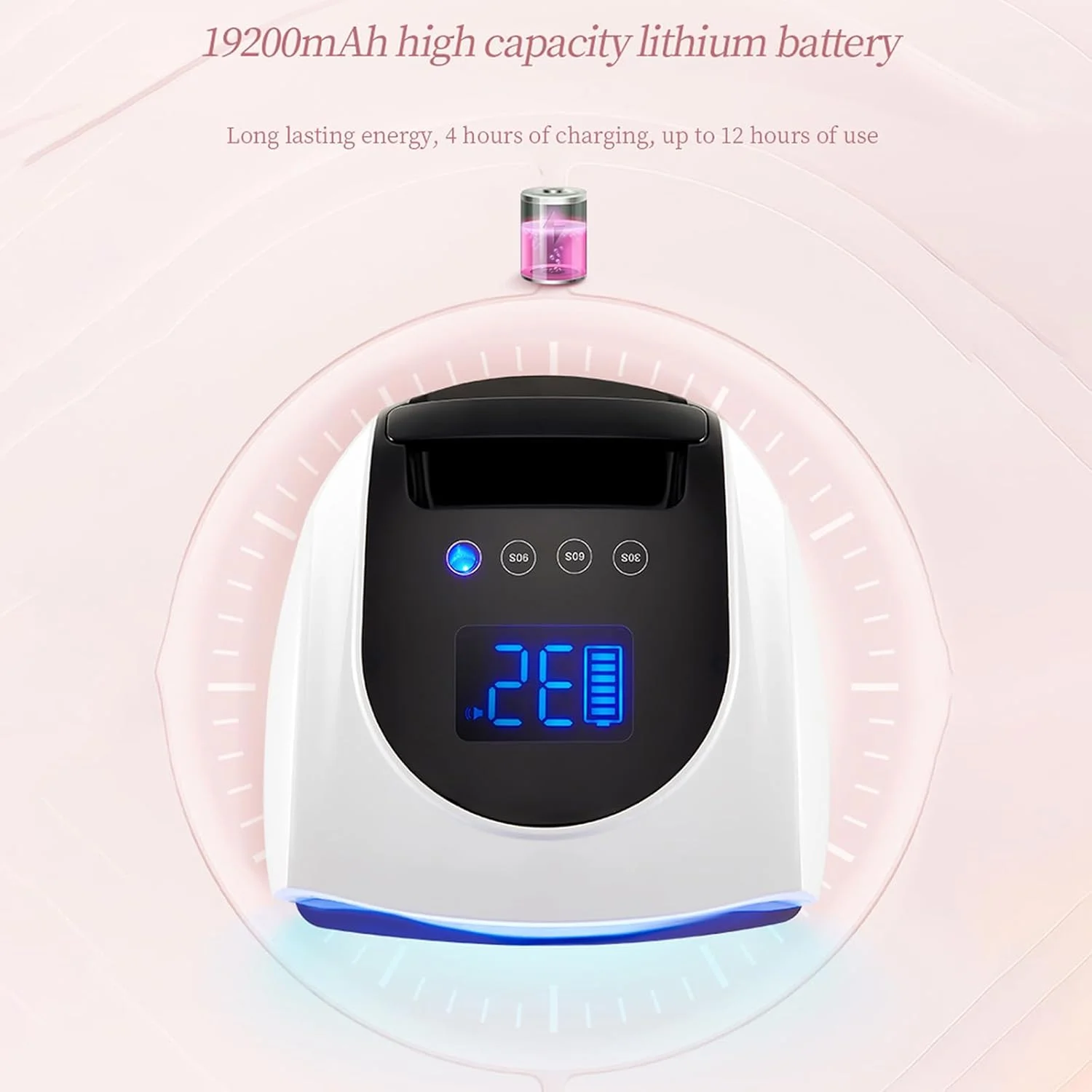 چراغ LED ناخن، 96 وات، 42 لامپ LED، باتری با ظرفیت بالا 19200 میلی آمپر ساعت، 4 تنظیم تایمر و صفحه نمایش LCD، حسگر خودکار، پایه جداشدنی، مناسب برای ابزار هنر ناخن سالن خانگی