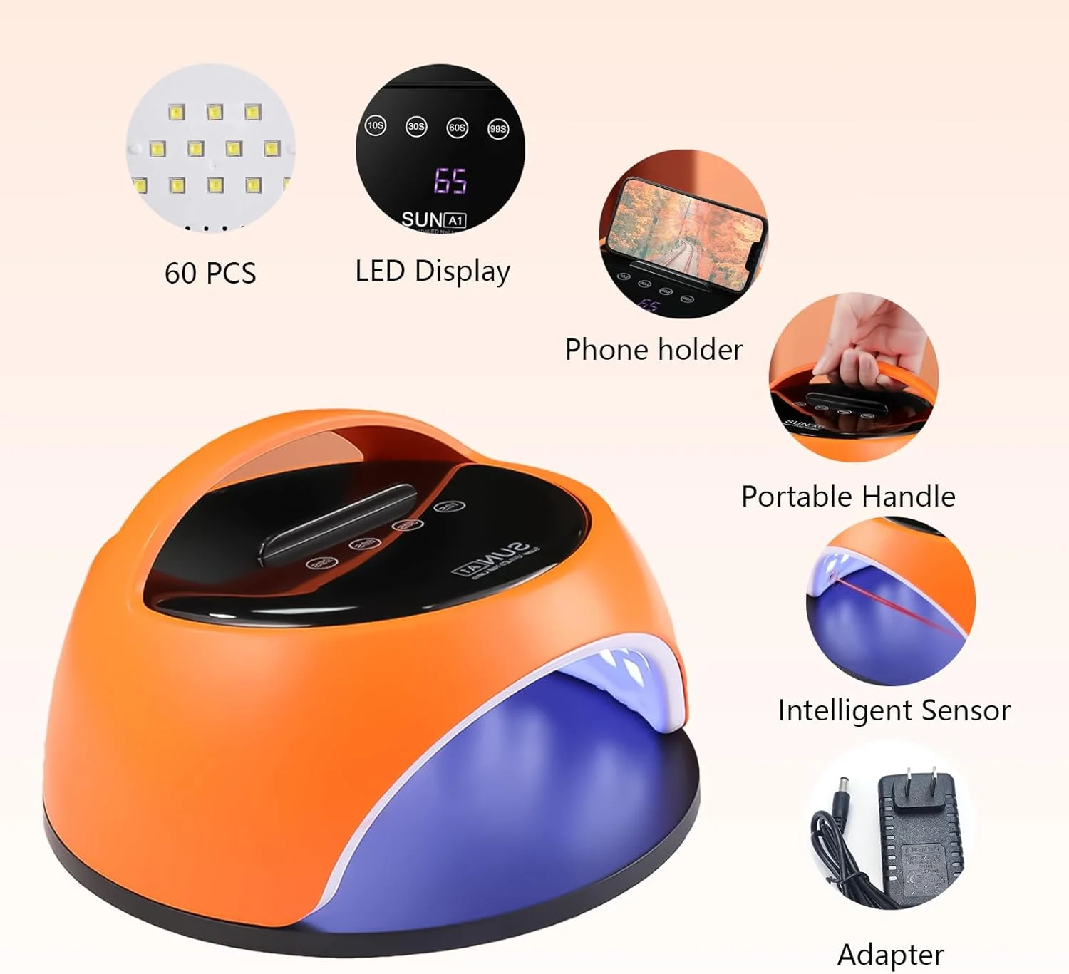 دستگاه خشک کن لاک ژل UV LED، 360 وات، دارای 4 تنظیمات تایمر، مناسب برای خشک کردن حرفه ای لاک ژل، دارای 60 عدد لامپ LED، مناسب برای استفاده در منزل و سالن های آرایشی (نارنجی)