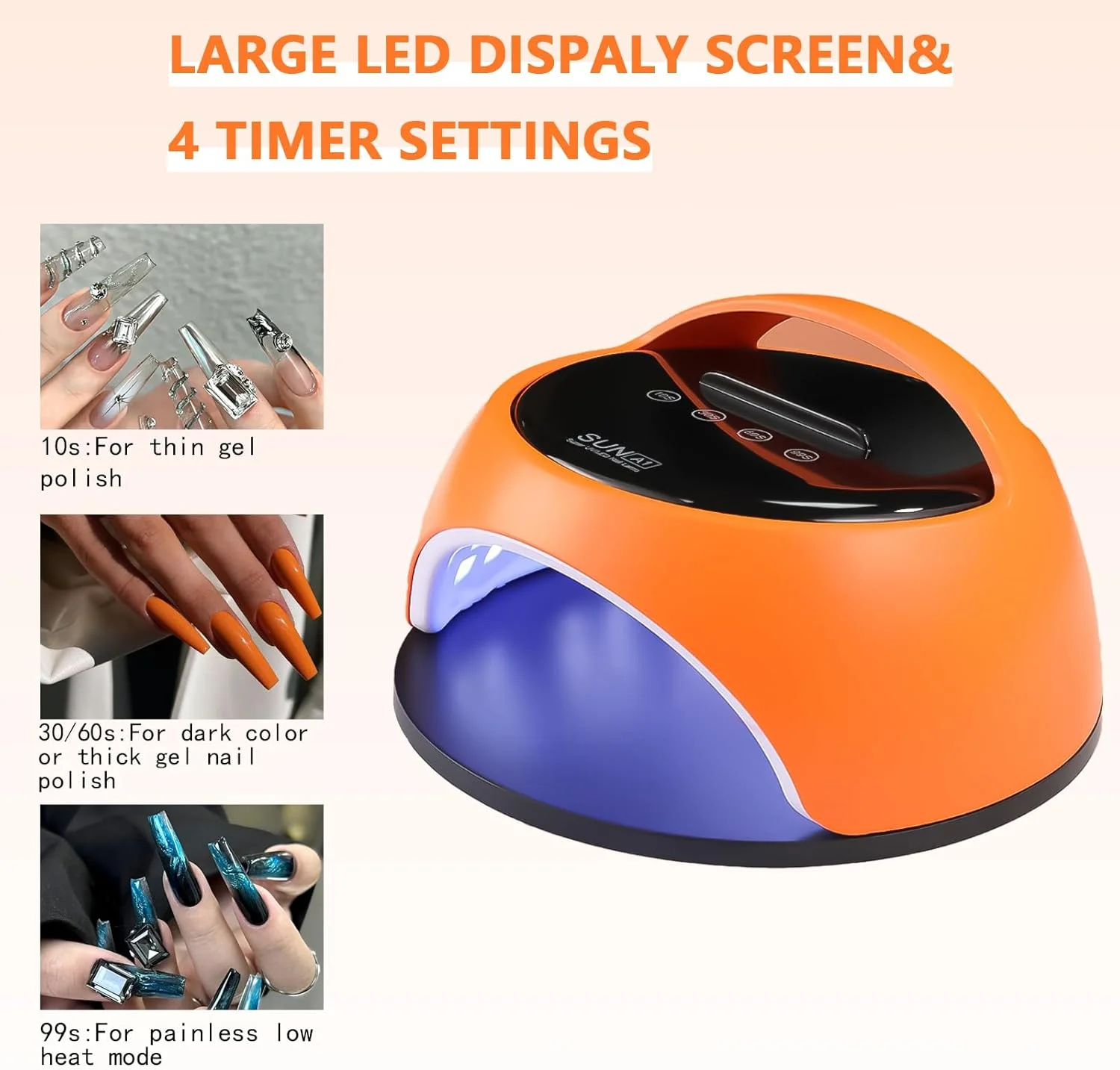 دستگاه خشک کن لاک ژل UV LED، 360 وات، دارای 4 تنظیمات تایمر، مناسب برای خشک کردن حرفه ای لاک ژل، دارای 60 عدد لامپ LED، مناسب برای استفاده در منزل و سالن های آرایشی (نارنجی)