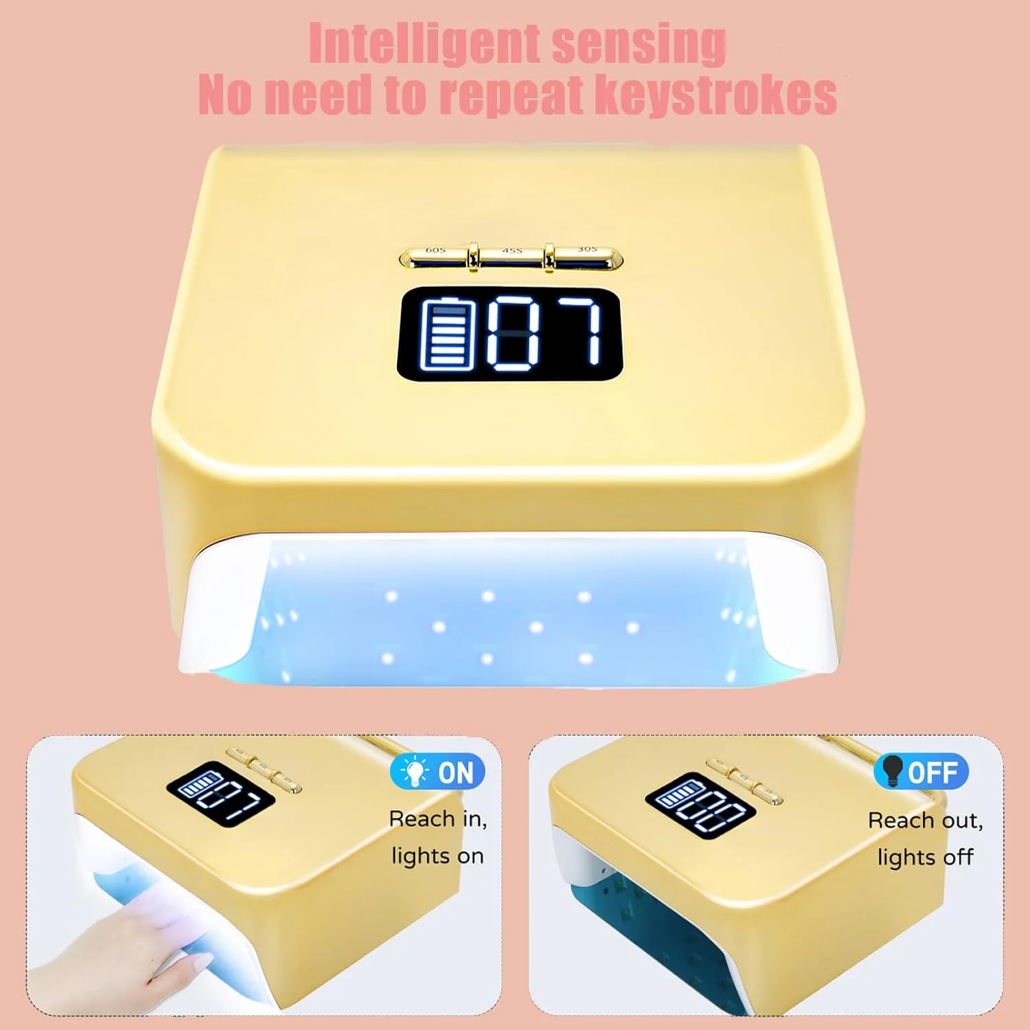 دستگاه خشک کن لاک ناخن LED، دستگاه خشک کن ناخن بی سیم، 48 لامپ LED با باتری قابل شارژ، 3 دکمه انتخاب تایمر، سنسور خودکار، صفحه نمایش هوشمند LED، پایه جداشدنی فضای بزرگ، برای سالن ها و استفاده خانگی