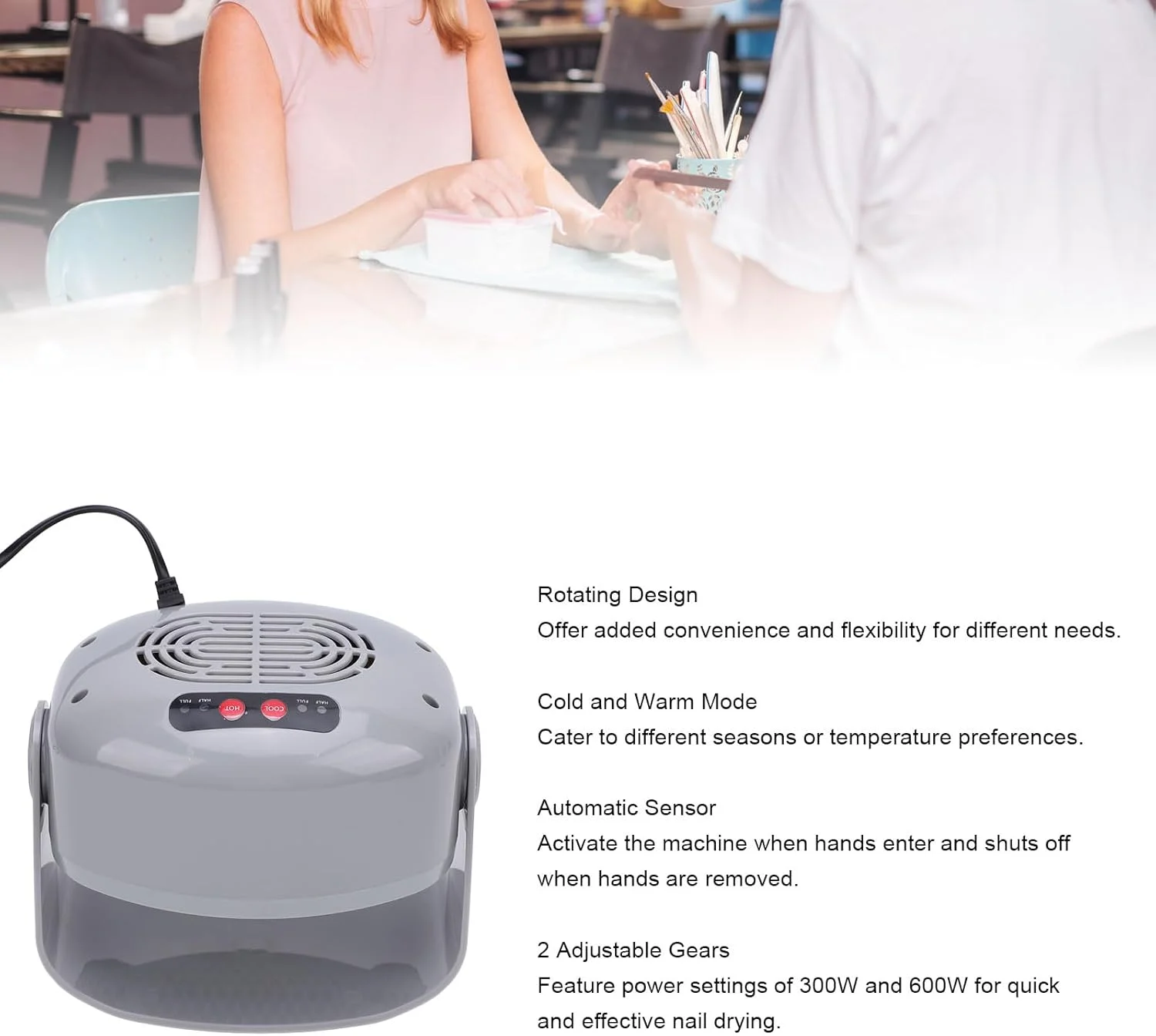 خشک کن ناخن چرخشی با دو حالت تنظیم باد گرم و خنک و سنسور هوشمند اتوماتیک مناسب سالن و منزل خشک کن ناخن چرخشی با دو حالت تنظیم باد گرم و خنک و سنسور هوشمند اتوماتیک مناسب سالن و منزل