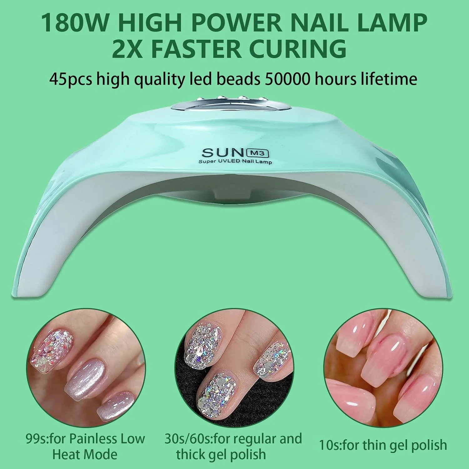 دستگاه خشک کن لاک ژل یو وی LED 180 وات، دارای 4 تنظیمات تایمر، دستگاه حرفه ای خشک کننده ژل، دارای 45 عدد لامپ LED، مناسب برای استفاده در منزل و سالن های آرایشی (سبز)