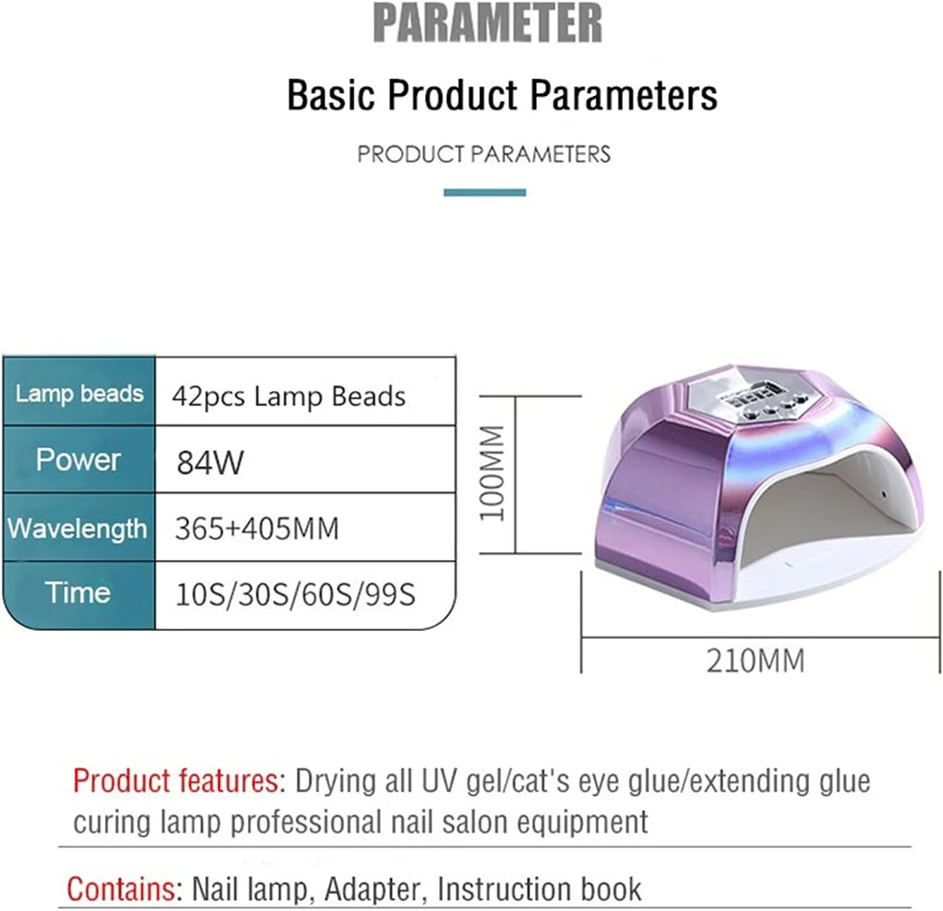 دستگاه خشک کن لاک ناخن 84 وات با 42 عدد لامپ LED با نور بنفش برای خشک کردن لاک ژل با تایمر 10/30/60/99 ثانیه و سنسور اتوماتیک، ابزار مانیکور (قرمز گل رز)