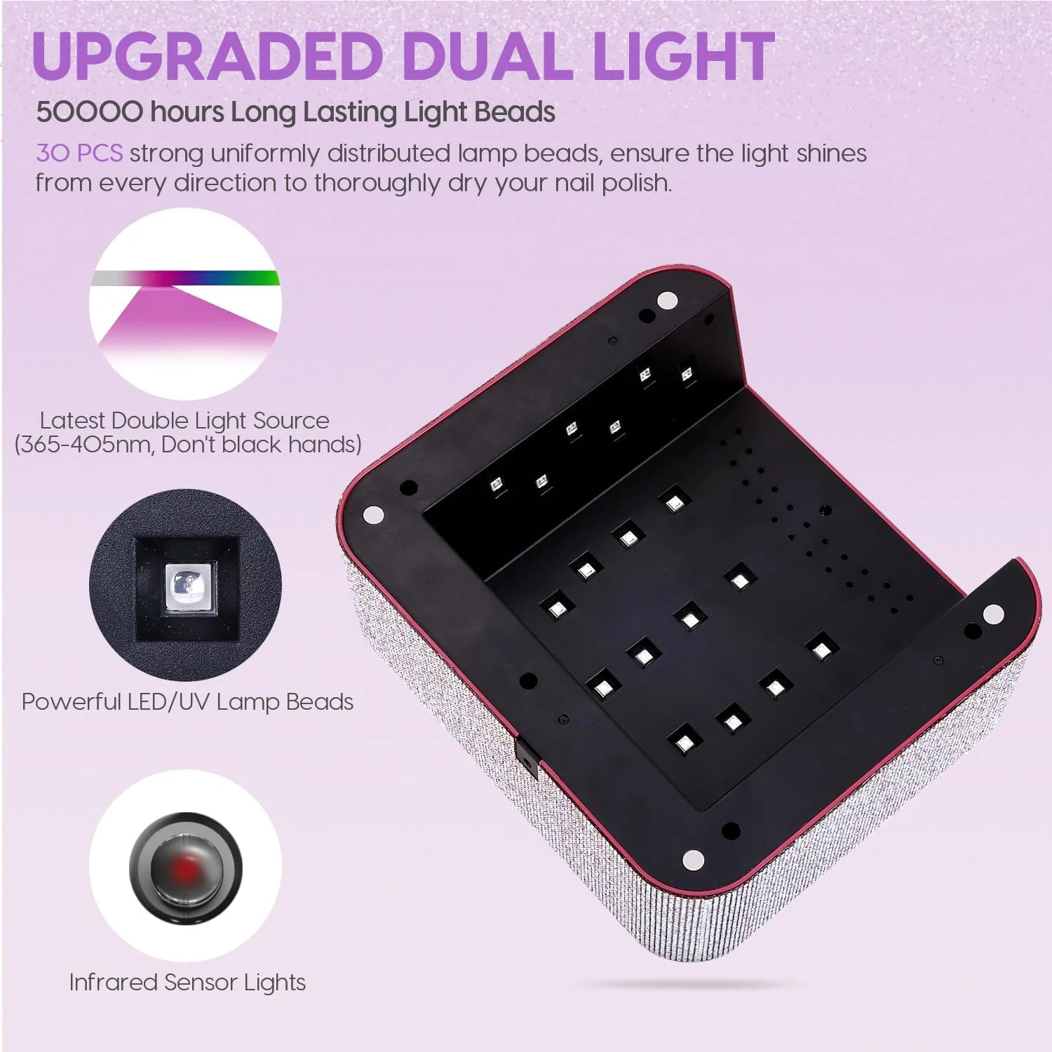 چراغ UV برای ناخن، چراغ ناخن UV قابل شارژ، خشک کن سریع ناخن، چراغ UV لاک ژل، زمان بندی تصادفی 0-120 ثانیه، مناسب برای سالن