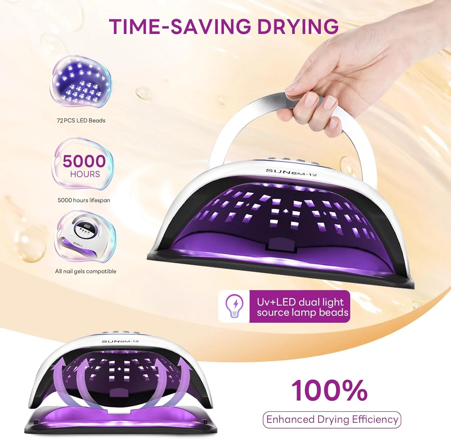 دستگاه خشک کن لاک ناخن UV LED 300 وات، حرفه ای، مناسب لاک ژل، دارای 72 لامپ LED، 4 تنظیمات تایمر، سنسور اتوماتیک، صفحه نمایش LCD