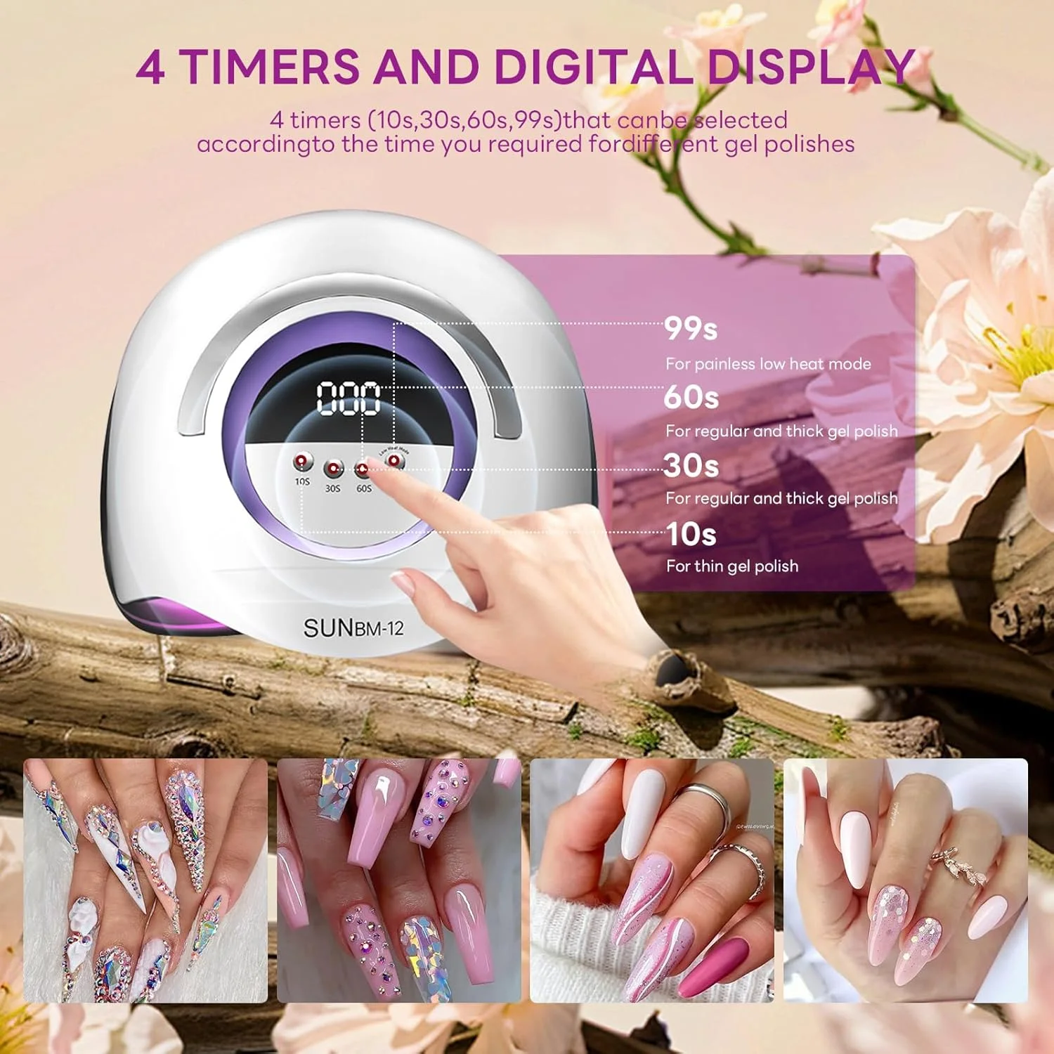 دستگاه خشک کن لاک ناخن UV LED 300 وات، حرفه ای، مناسب لاک ژل، دارای 72 لامپ LED، 4 تنظیمات تایمر، سنسور اتوماتیک، صفحه نمایش LCD