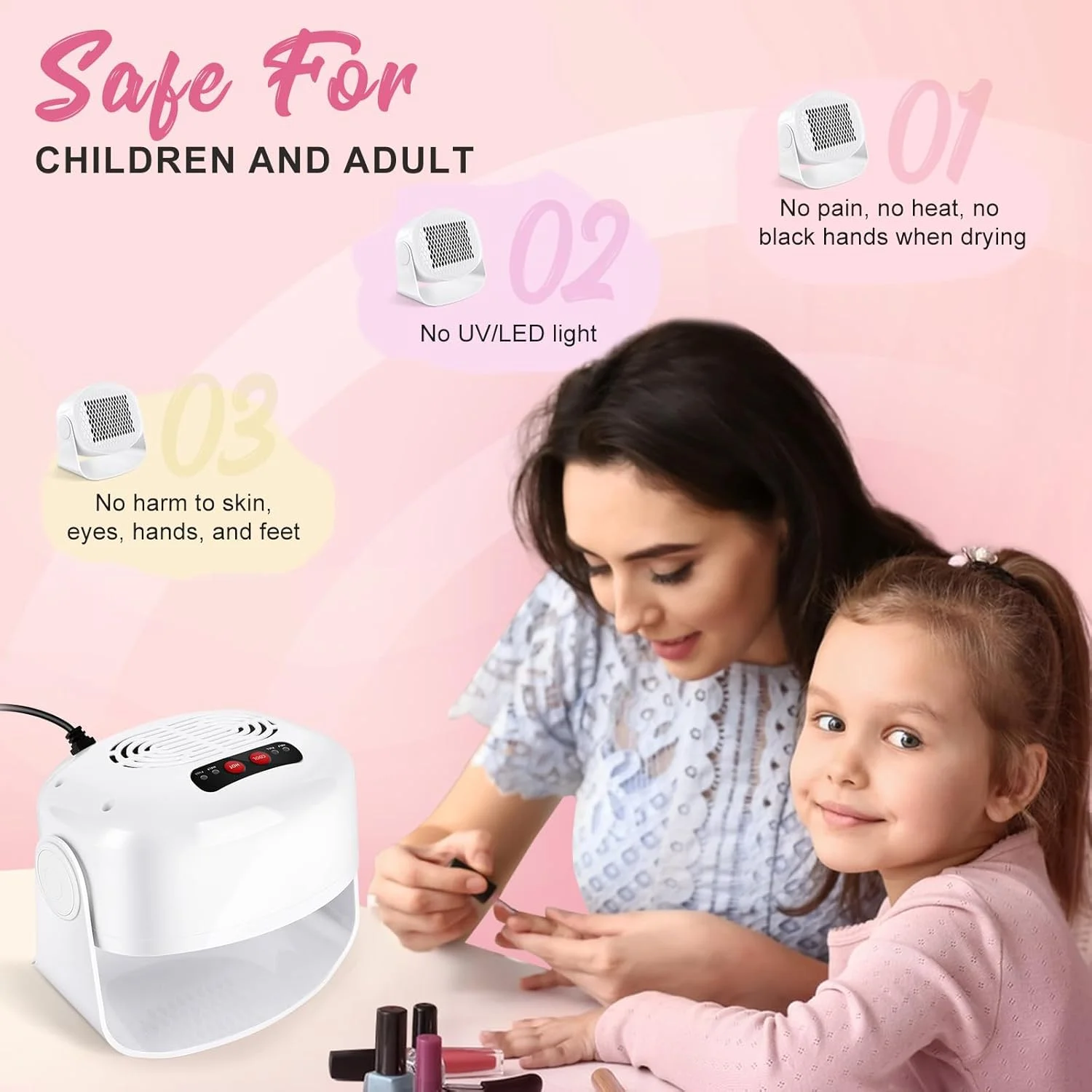 خشک کن لاک ناخن بادی 600 وات، فن بادی برای خشک کردن لاک ناخن برای هر دو دست و پا، دارای 4 حالت باد گرم و خنک برای لاک ناخن، چرخش 90 درجه برای خشک کردن سریع ناخن در خانه و سالن